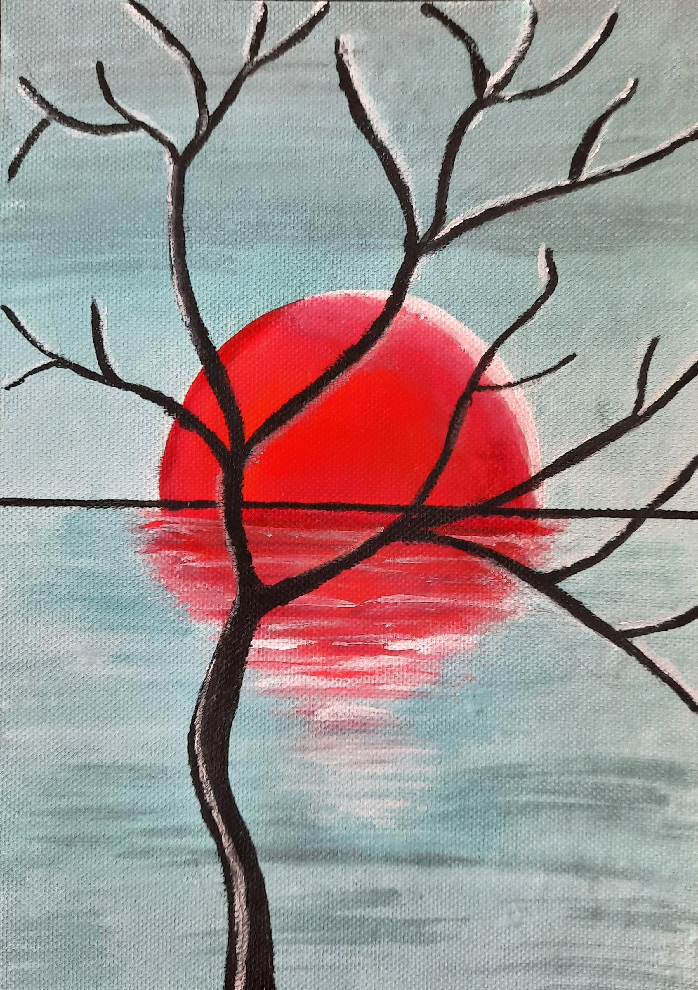 Painting of a sunset over water with a red sun and black leafless tree branches in the foreground.