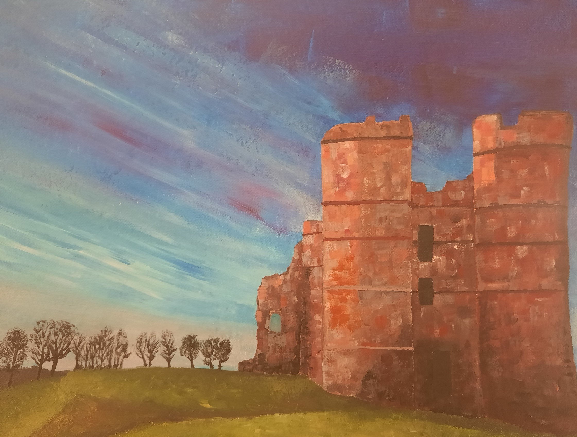 A painting of an ancient castle with red brick walls and ruined architecture, set against a colorful sky with streaks of blue, purple, and pink, and a line of leafless trees on a grassy hill.