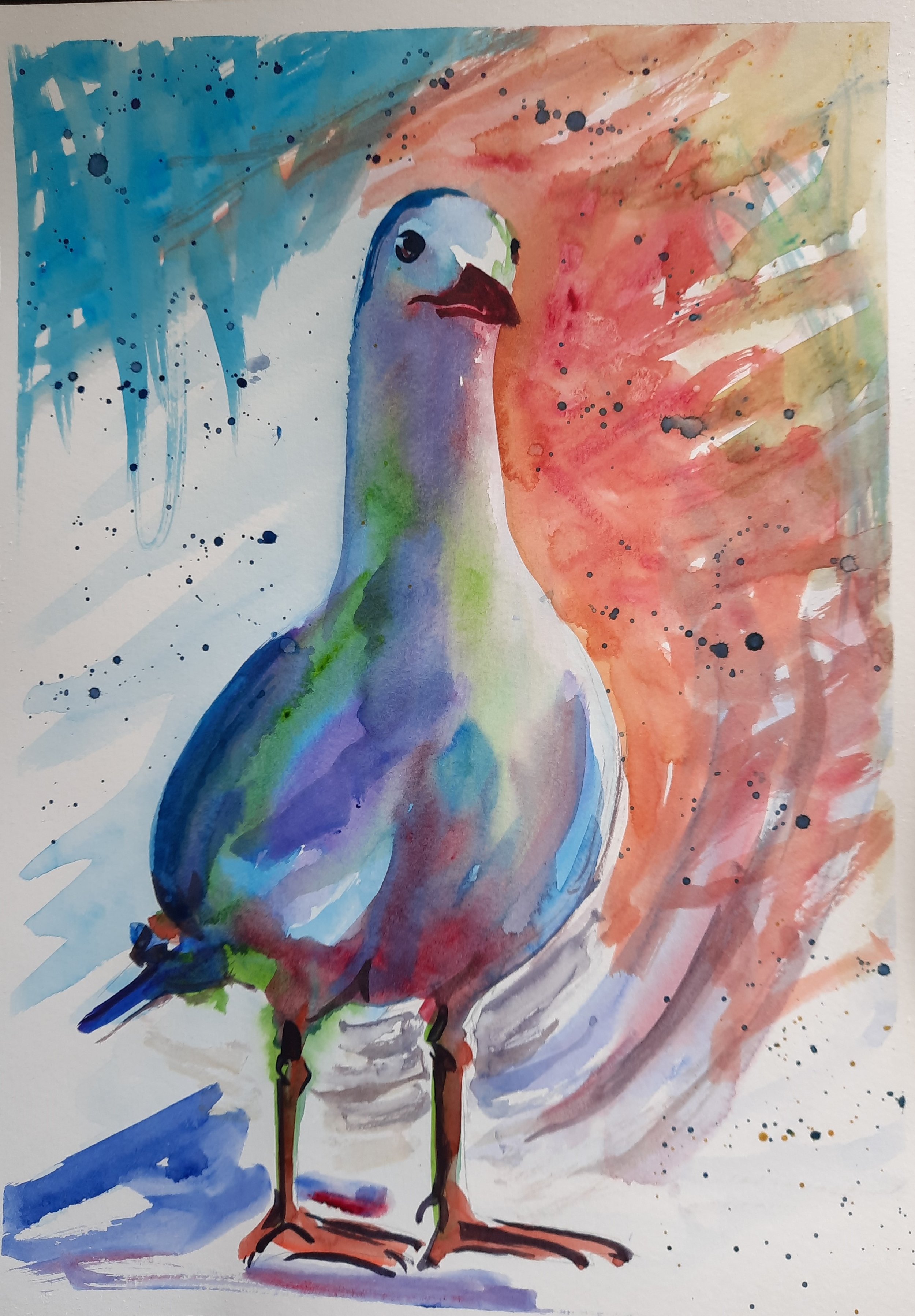 Colorful watercolor painting of a bird, possibly a pigeon or dove, with a background of splashes and strokes in blue, orange, and red hues.