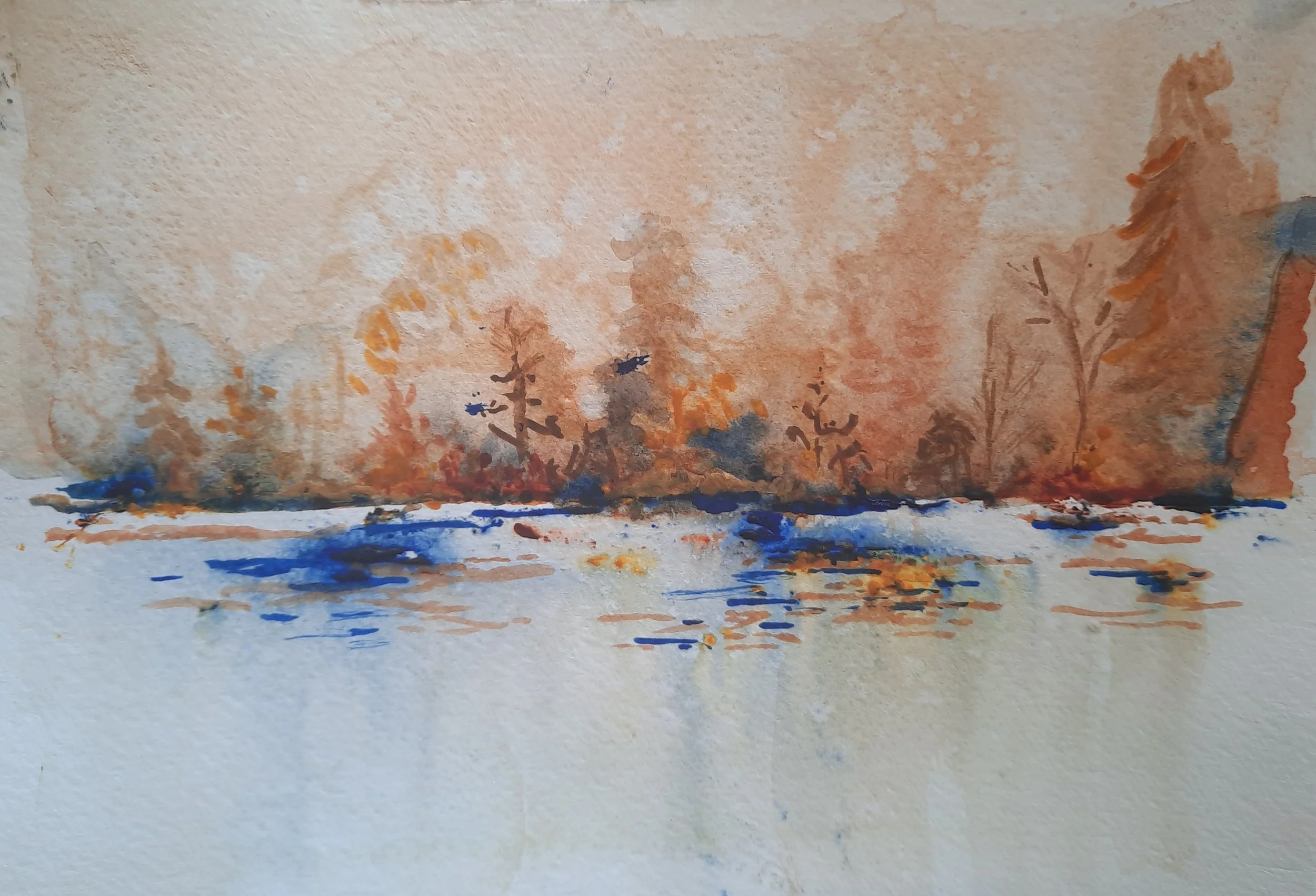 A watercolor painting of a lakeside scene with trees in fall colors and blue reflections in the water.