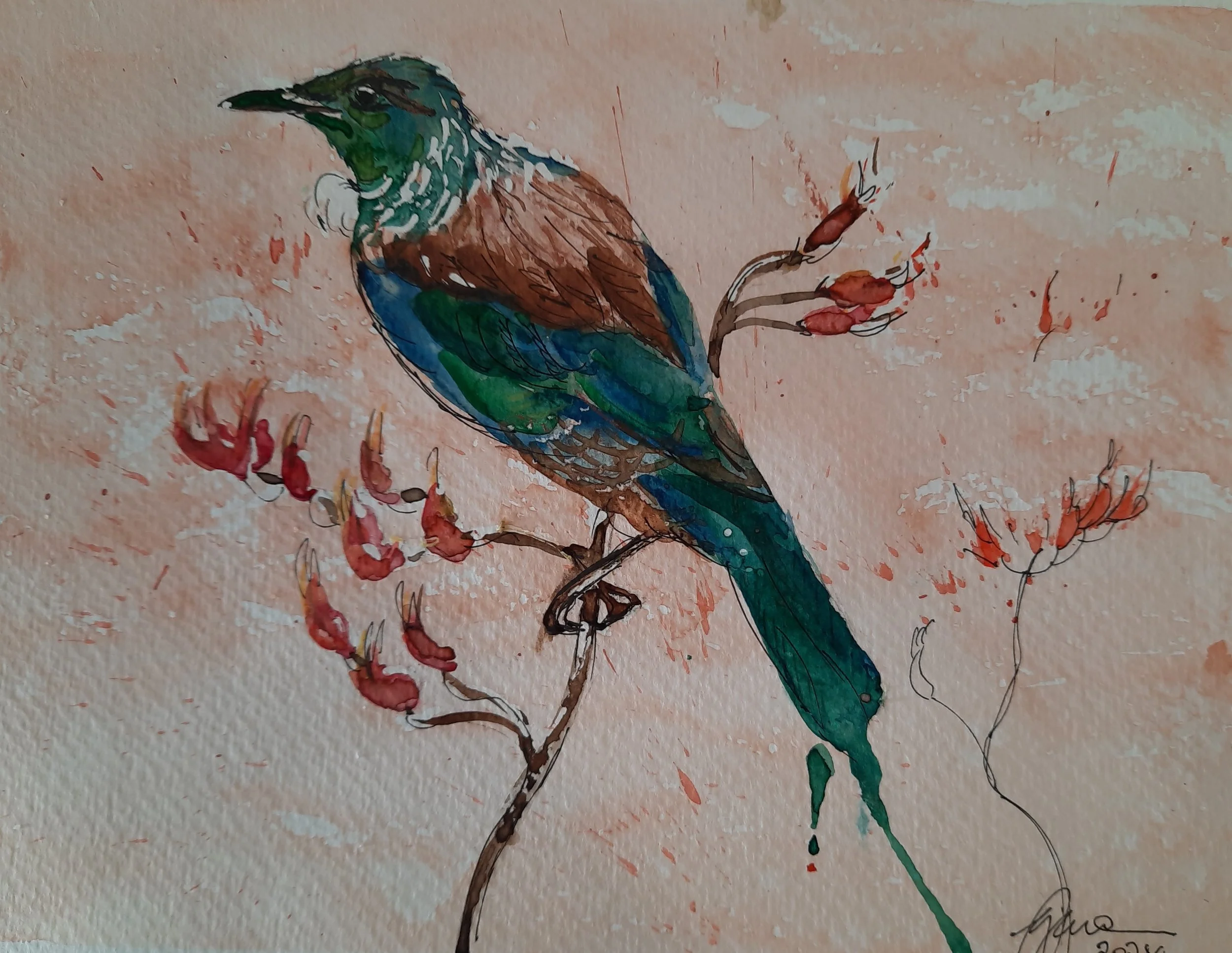 Watercolor painting of a colorful bird perched on a branch with red buds, against a light peach background.