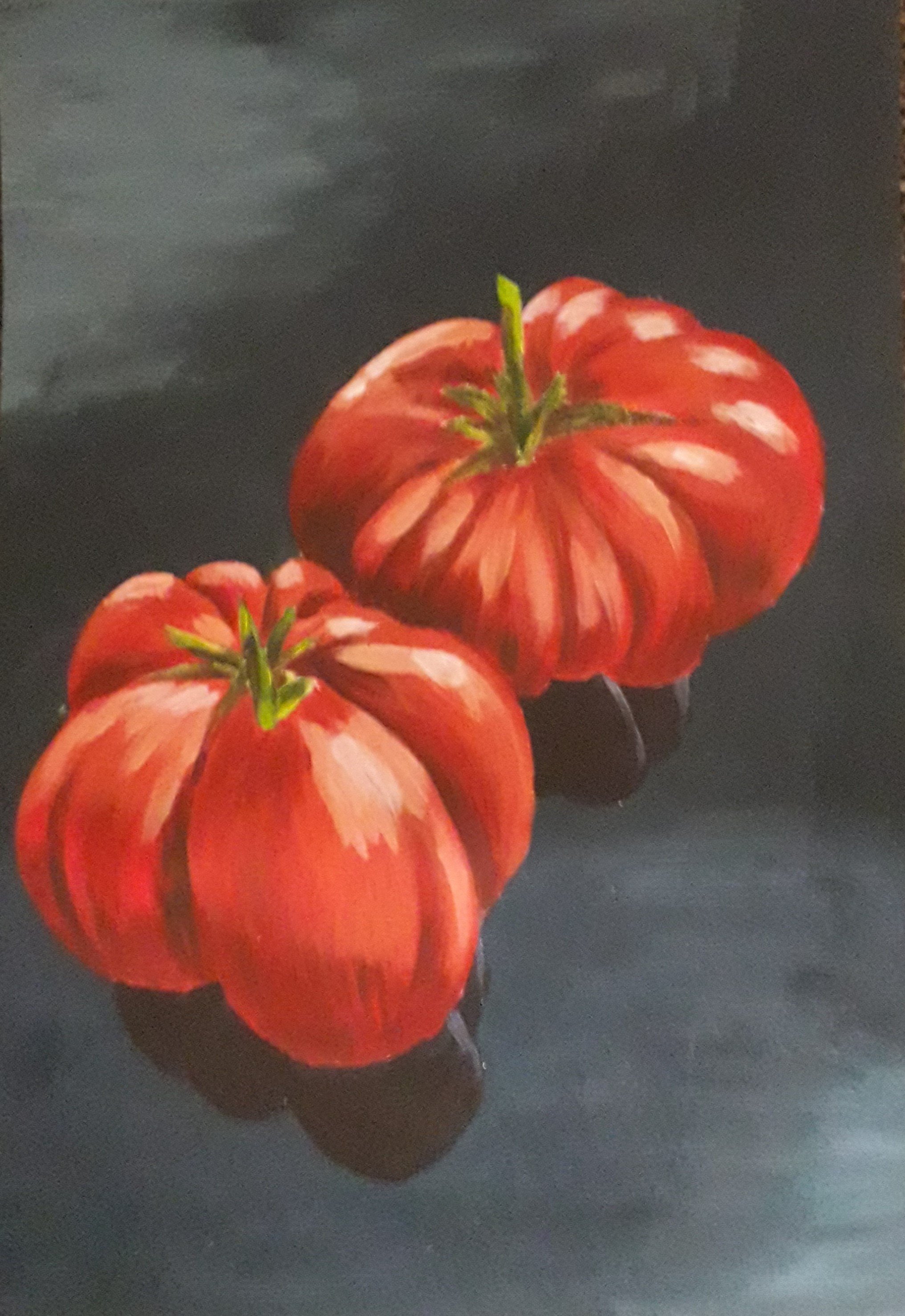 Painting of two large red tomatoes with green stems on a dark background.