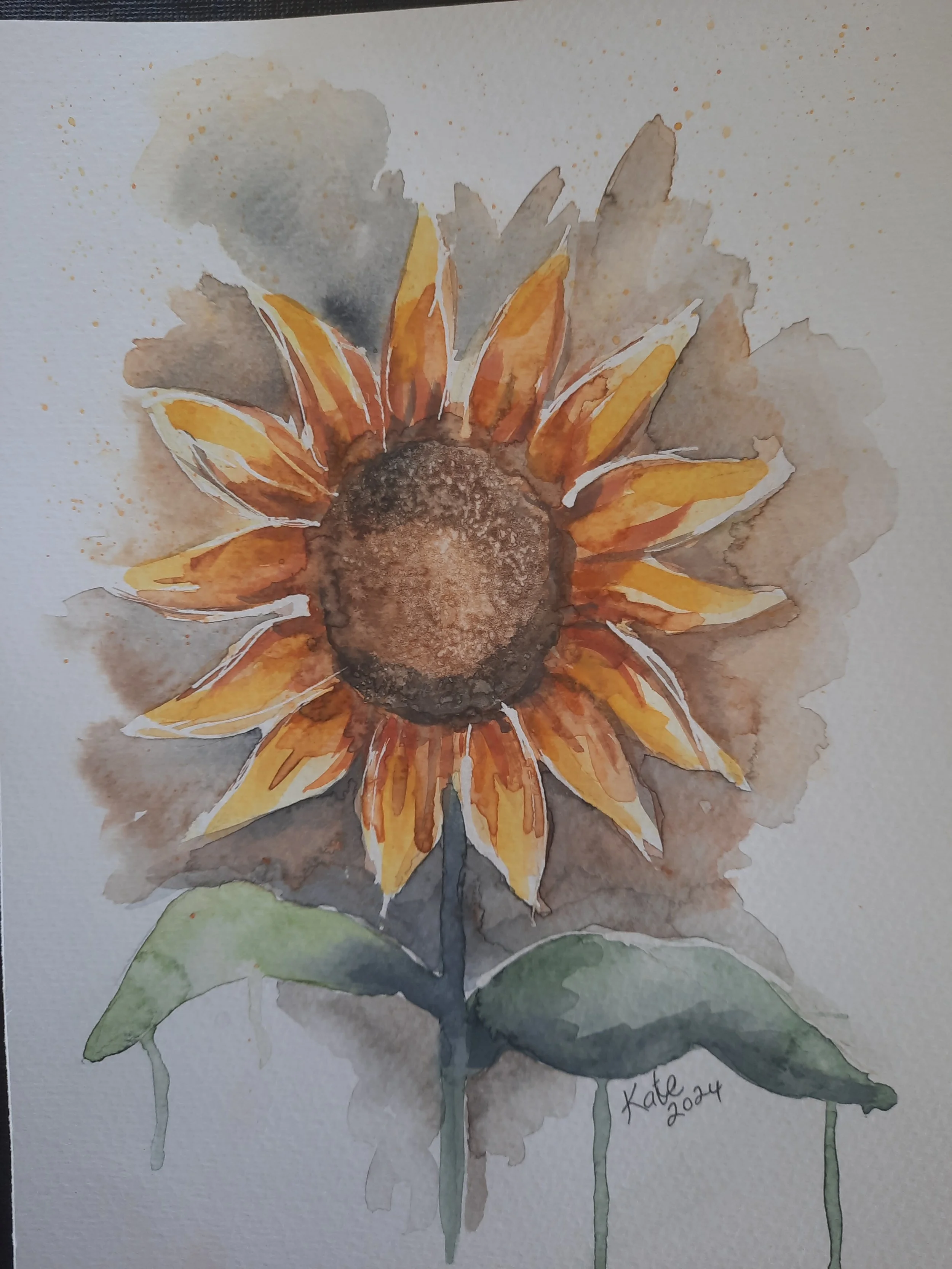 Watercolor painting of a sunflower with yellow petals and green leaves, signed 'Kate 2024'.