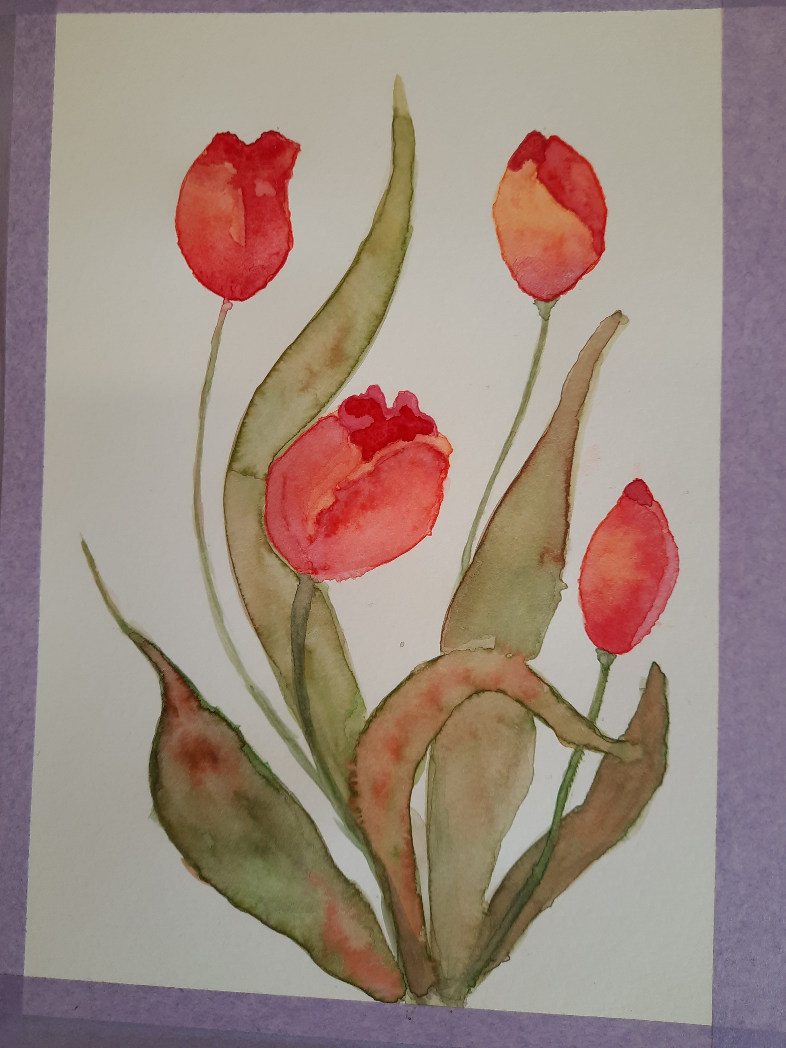 Watercolor painting of red tulips with green and brown leaves on a white background.