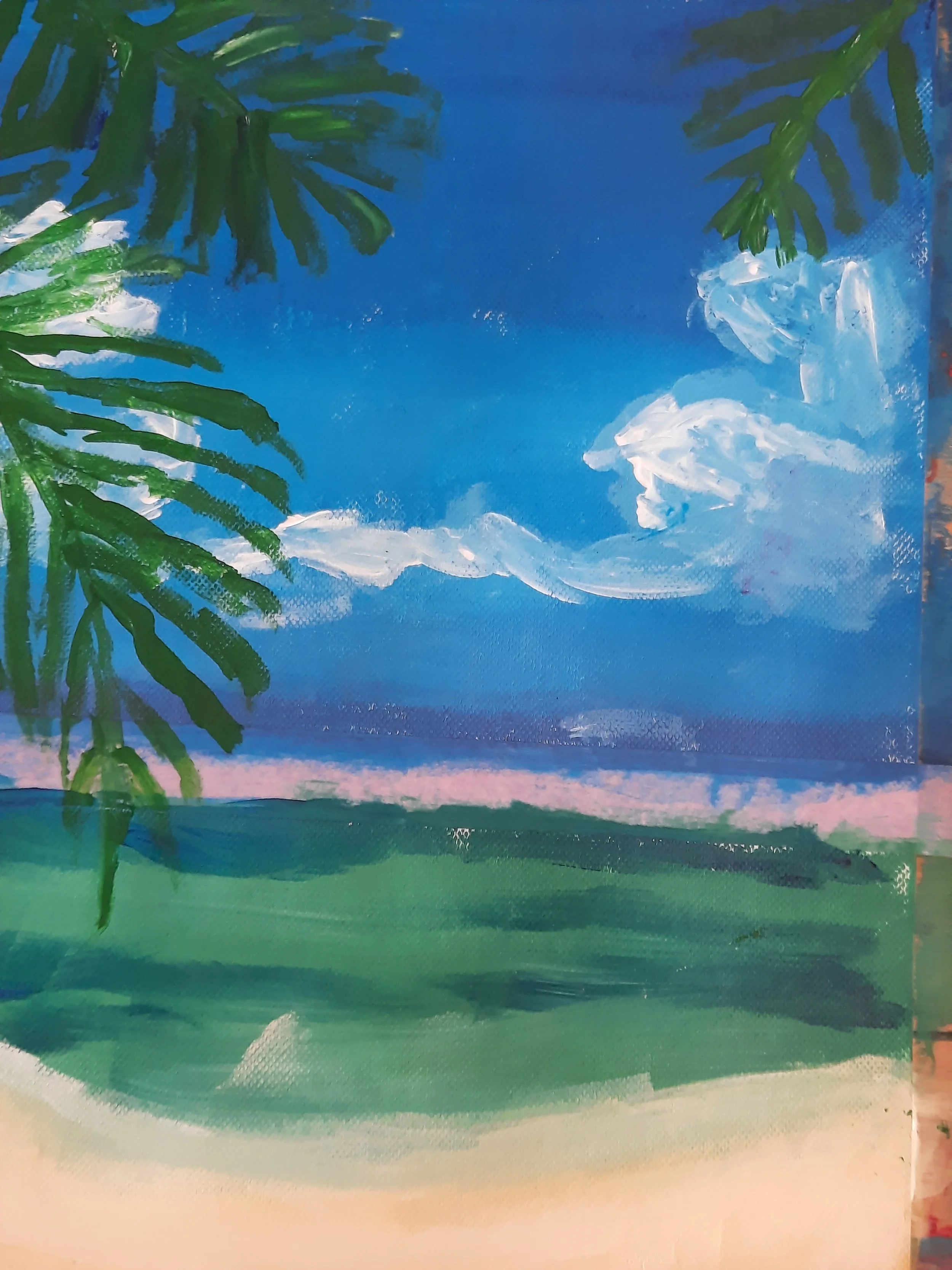 Painting of a clear blue sky with white clouds, green landscape, and palm tree branches in the foreground.