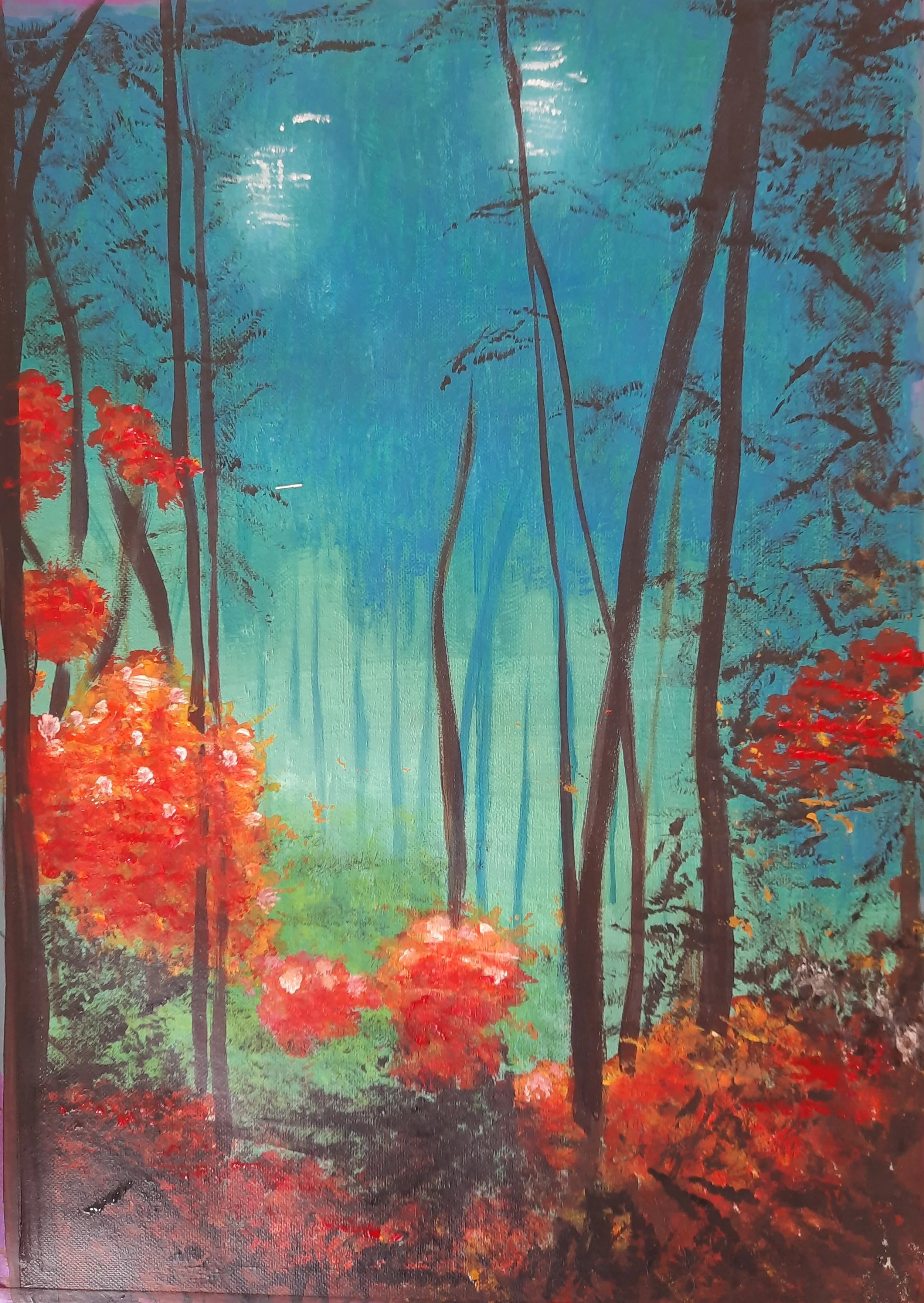 A painting of a forest scene with tall trees and vibrant orange and red bushes in the foreground, with a blue and green background suggesting a misty atmosphere.