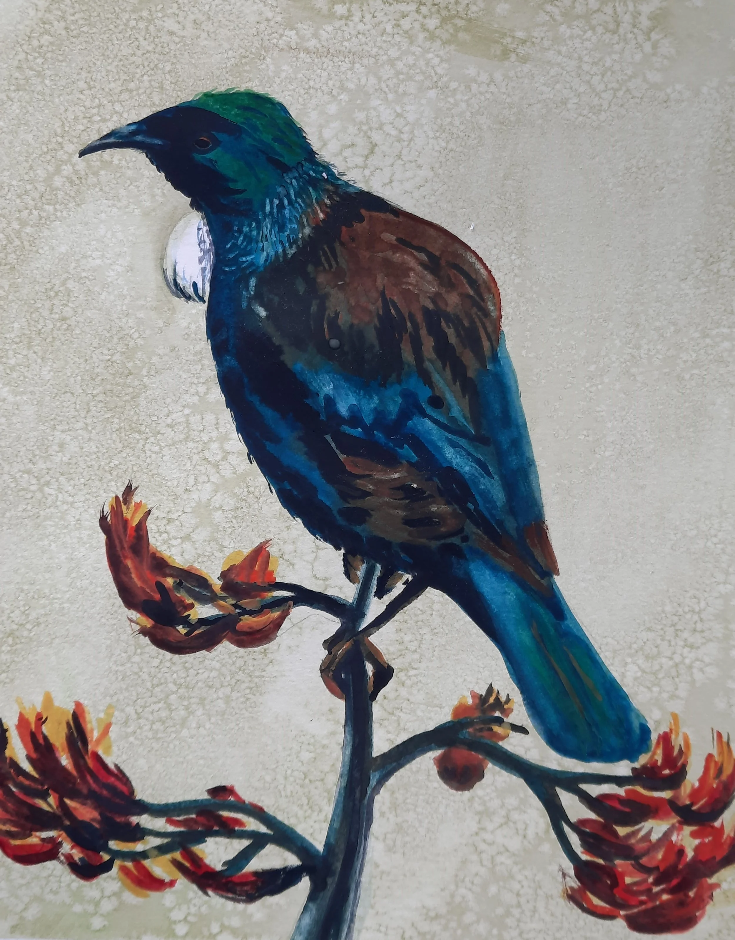 Colorful painting of a bird with blue, green, and brown feathers perched on a branch with red-orange flowers against a textured beige background.