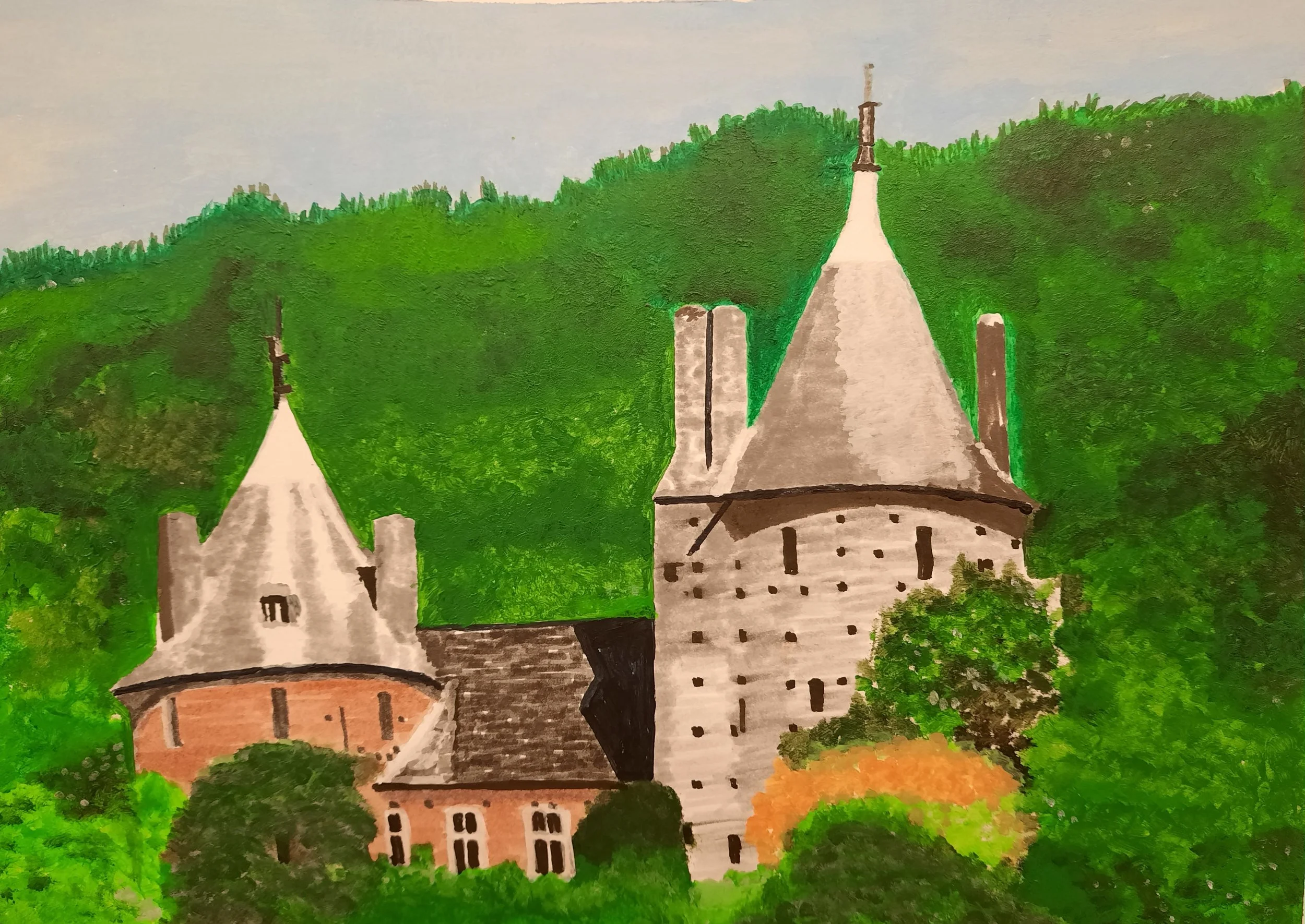 Painting of a castle with two towers surrounded by green trees and hills.