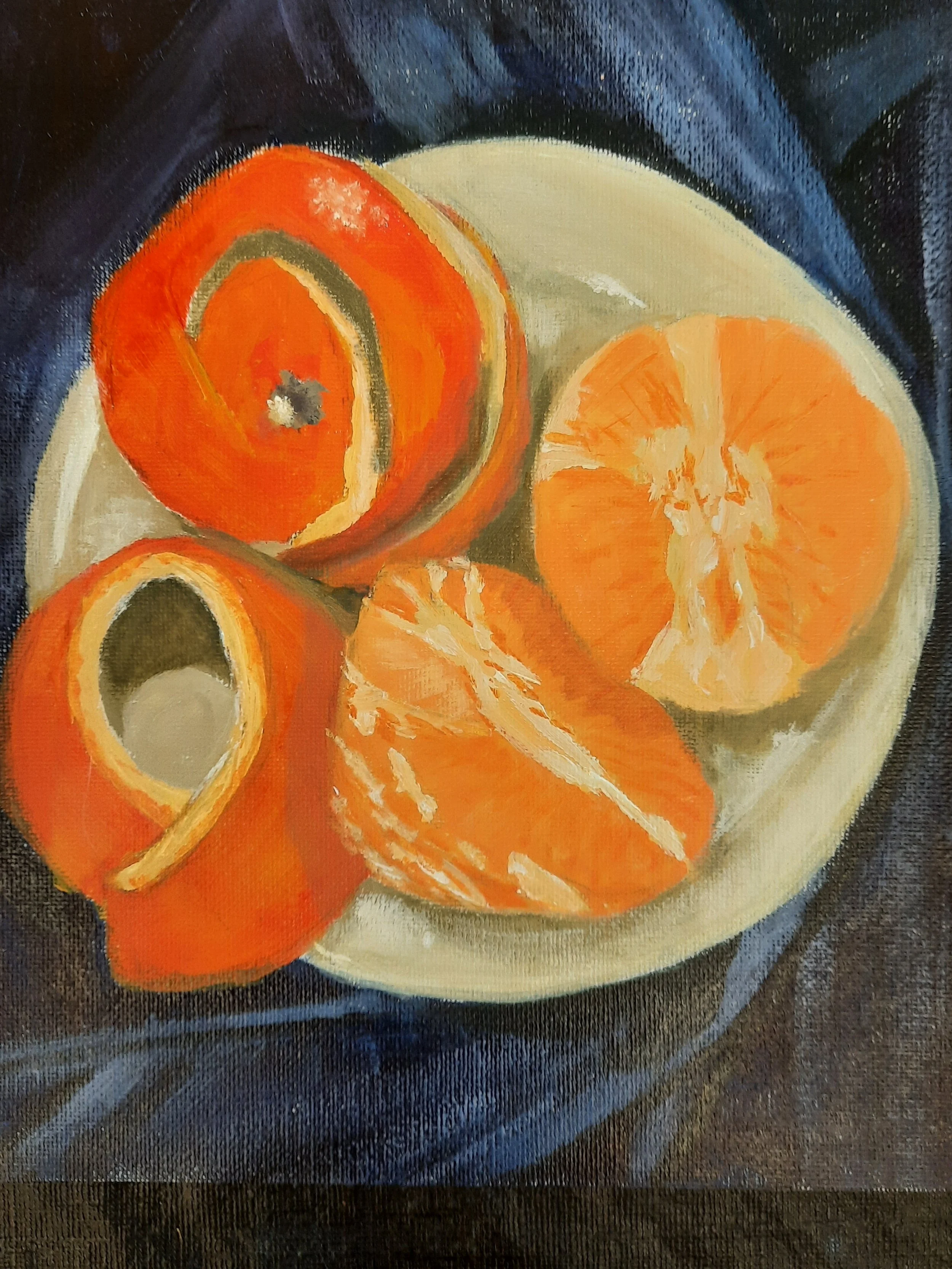 A painting of three oranges on a white plate with a dark background, with one orange sliced in half and another peeled.