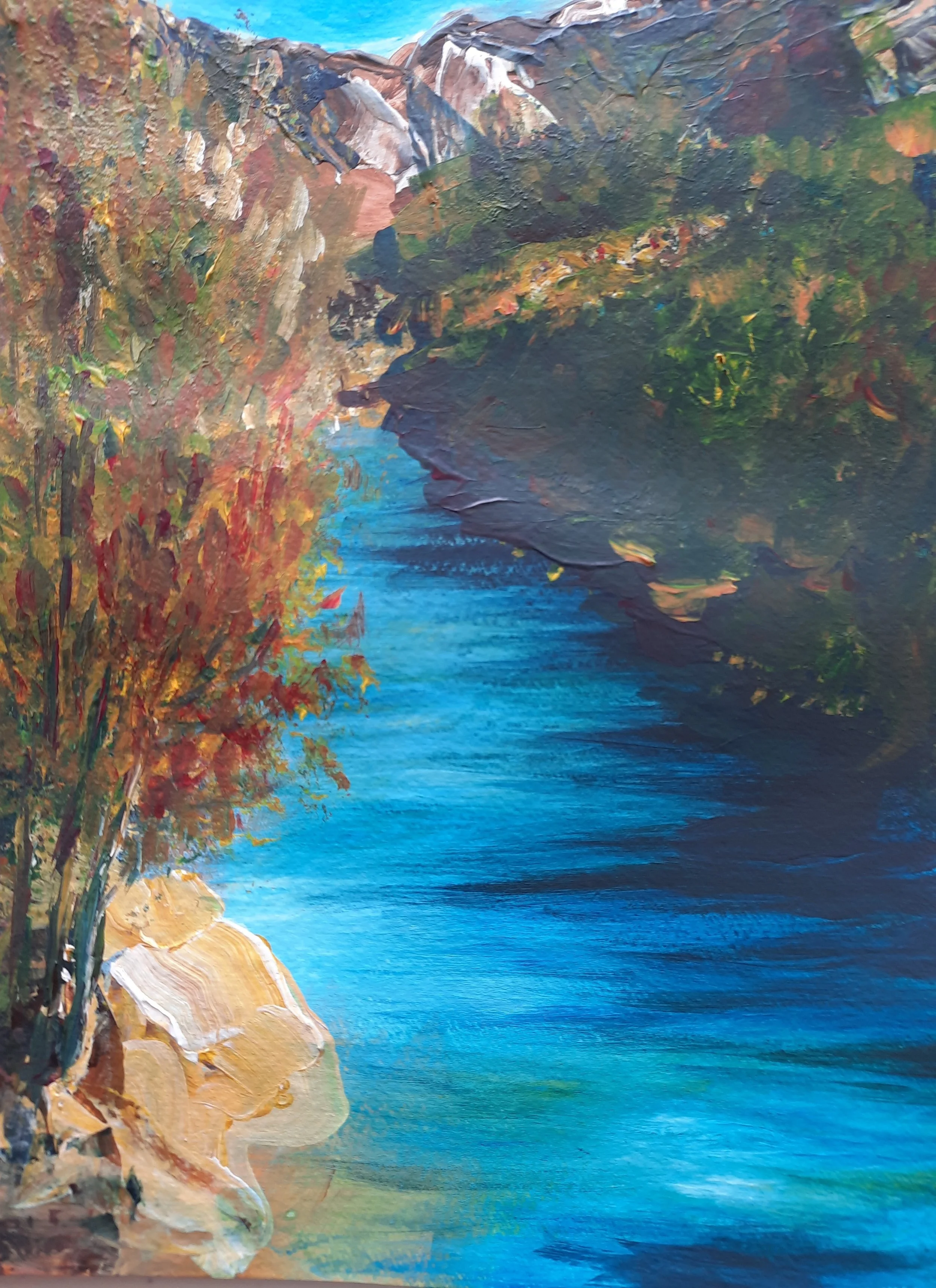 An oil painting of a river flowing between rocky cliffs, with trees showing autumn colors on the left and green foliage on the right.