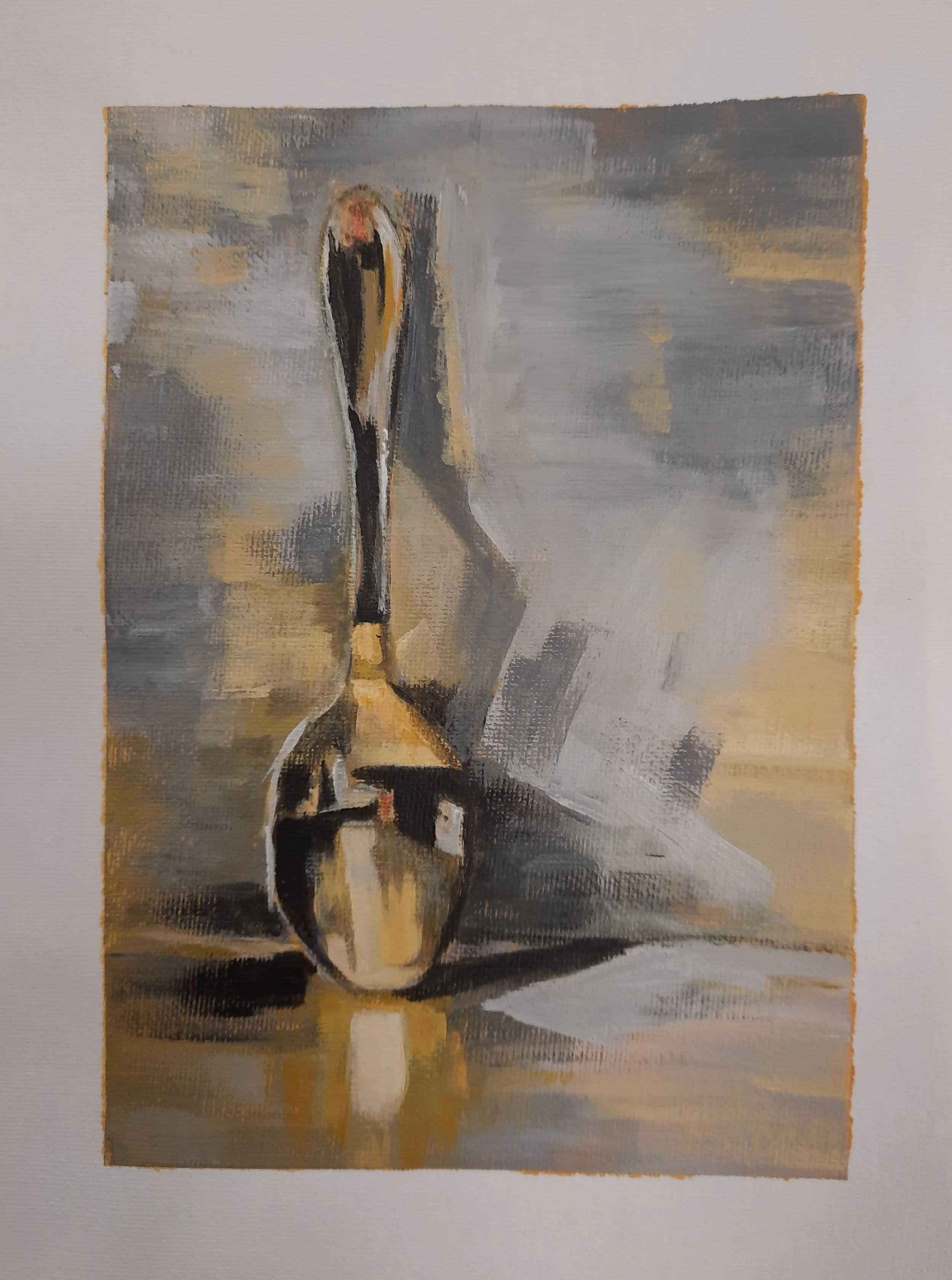 An abstract painting of a single spoon on a surface, with warm tones of gold, gray, and black, and a prominent shadow cast to the right.