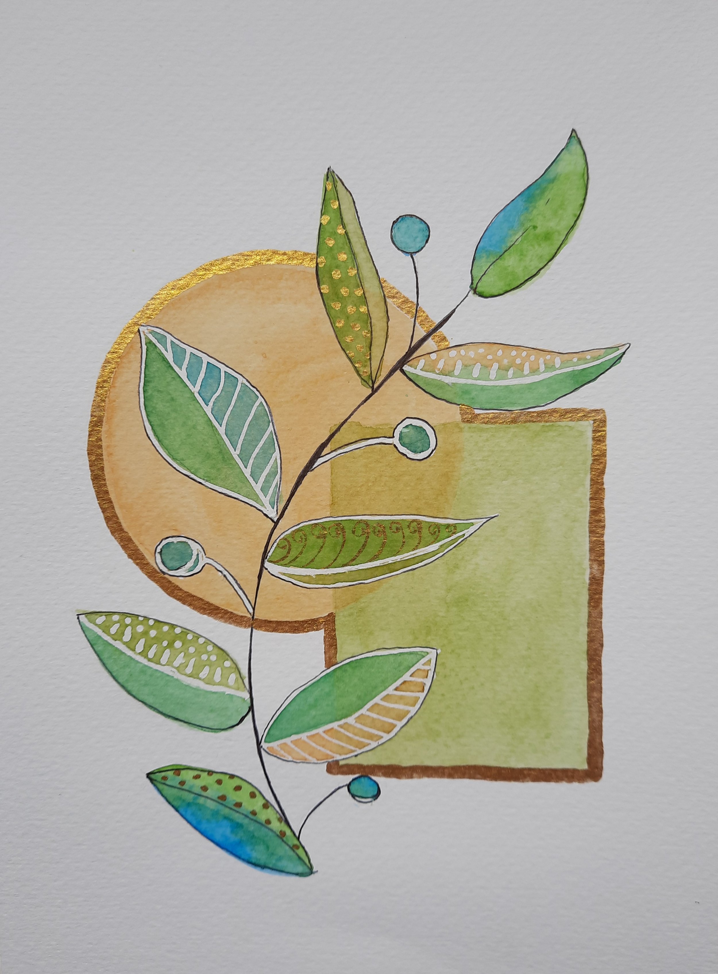 Watercolor painting of abstract geometric shapes with green leaves, blue berries, and gold accents.