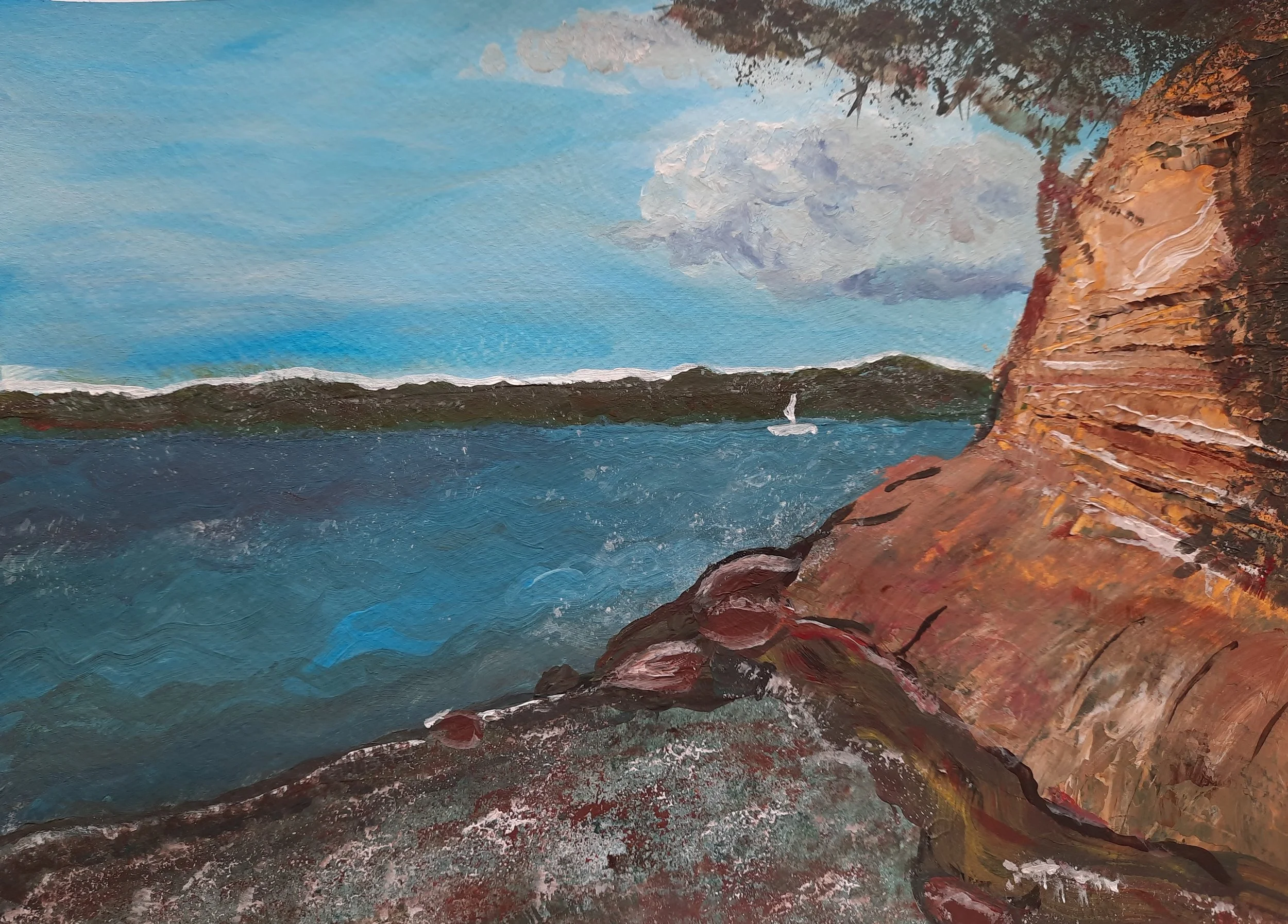 An oil painting of a seascape with a rocky shoreline on the right, blue ocean waves, and a partly cloudy sky.