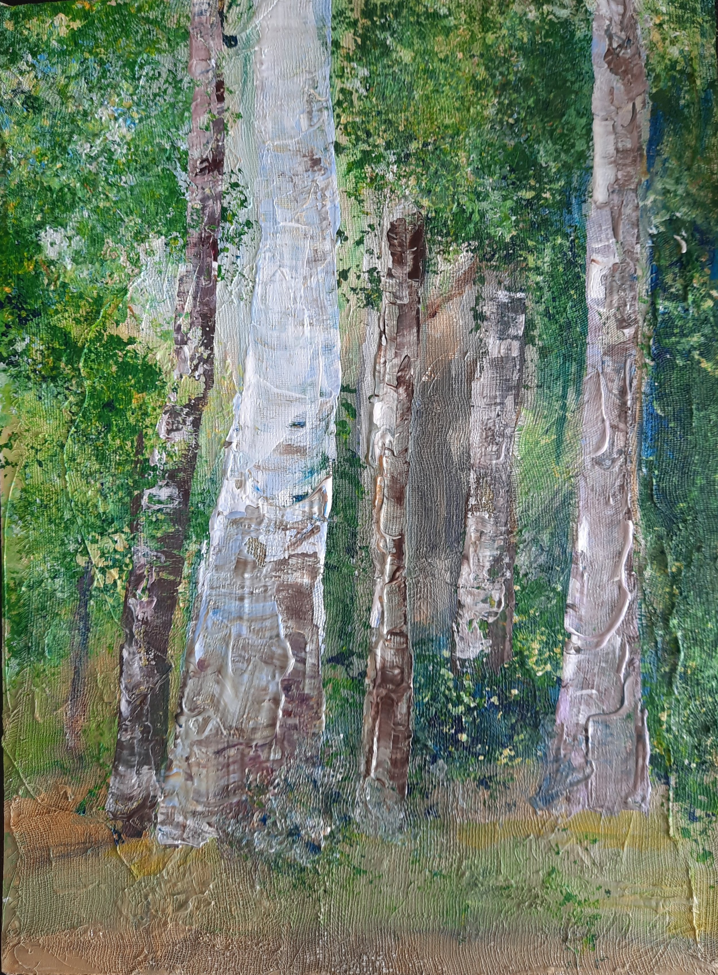 An impressionistic painting of a forest scene with tall birch trees and green foliage.