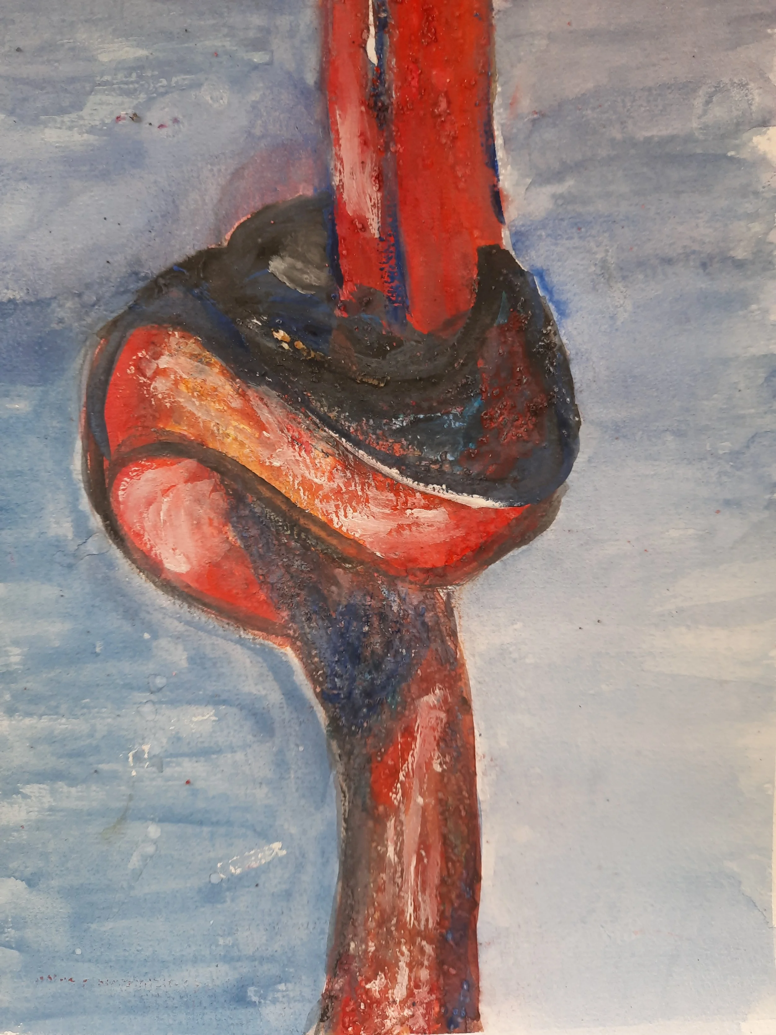 Watercolor painting of a baseball bat with a baseball resting on the top of the bat's handle, against a light blue background.