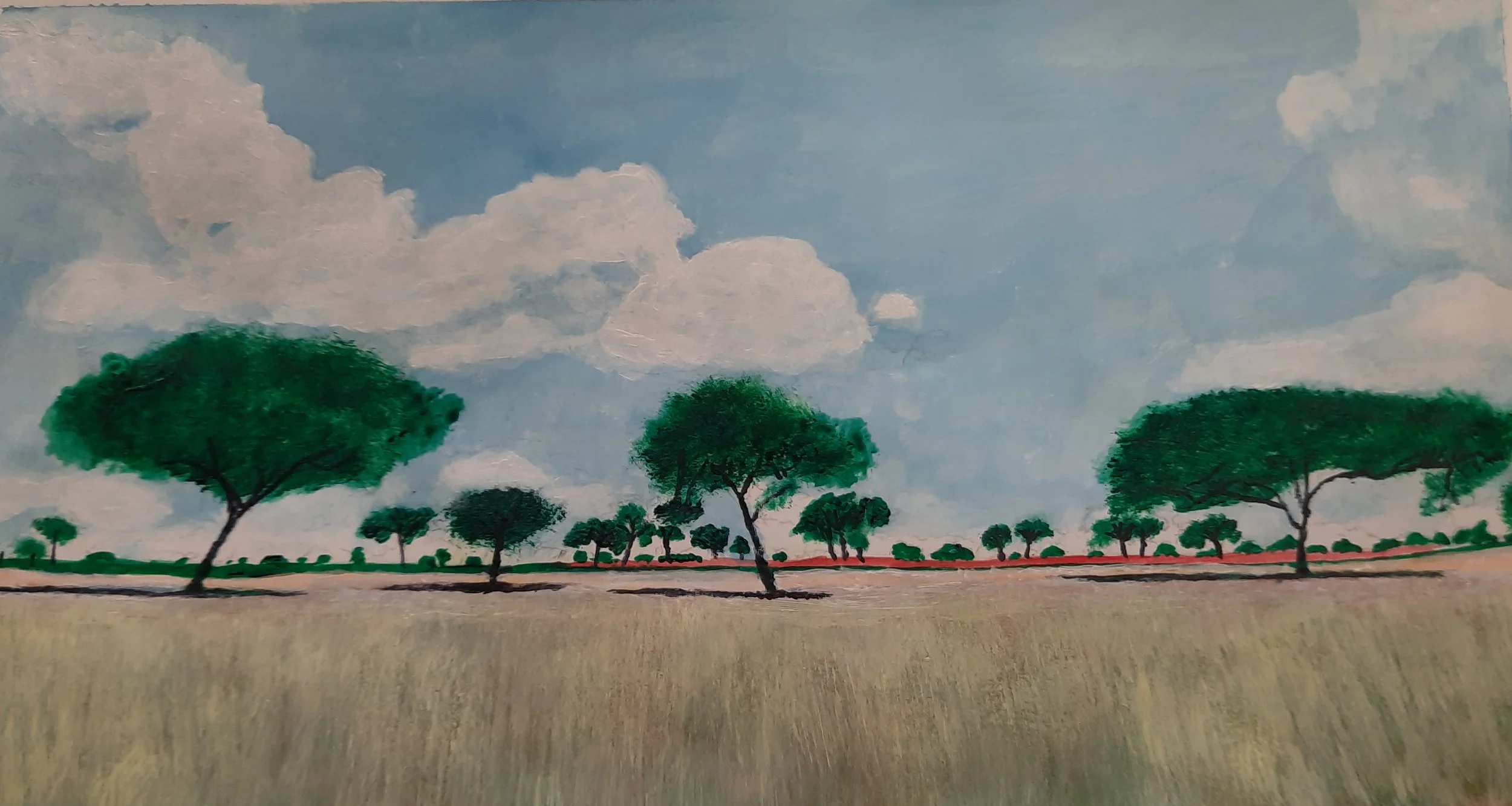 Painting of a rural landscape with several green trees, a blue sky with white clouds, and a beige field.