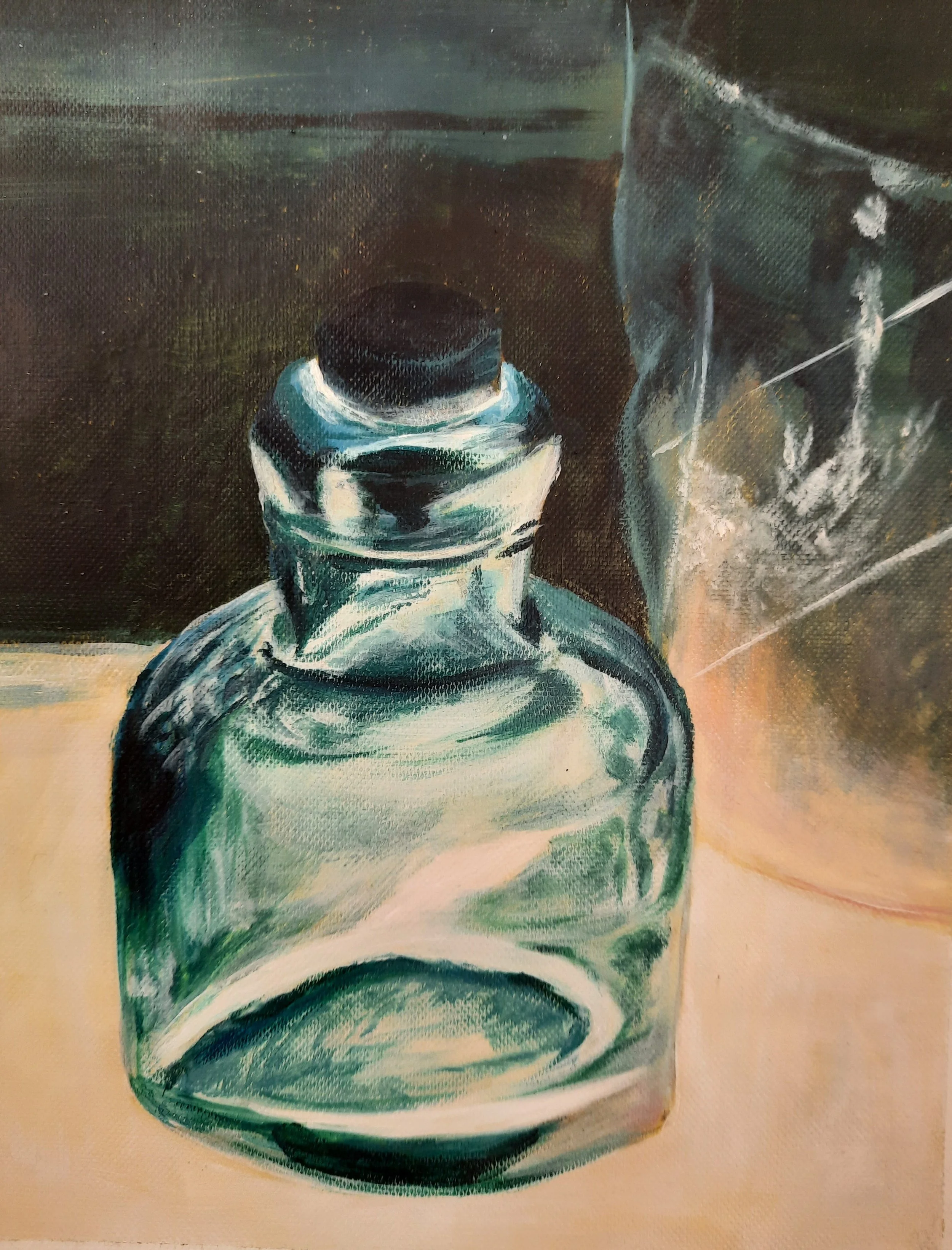 Painting of a glass bottle with a black cap, placed on a surface, with background splashes of color and abstract design.