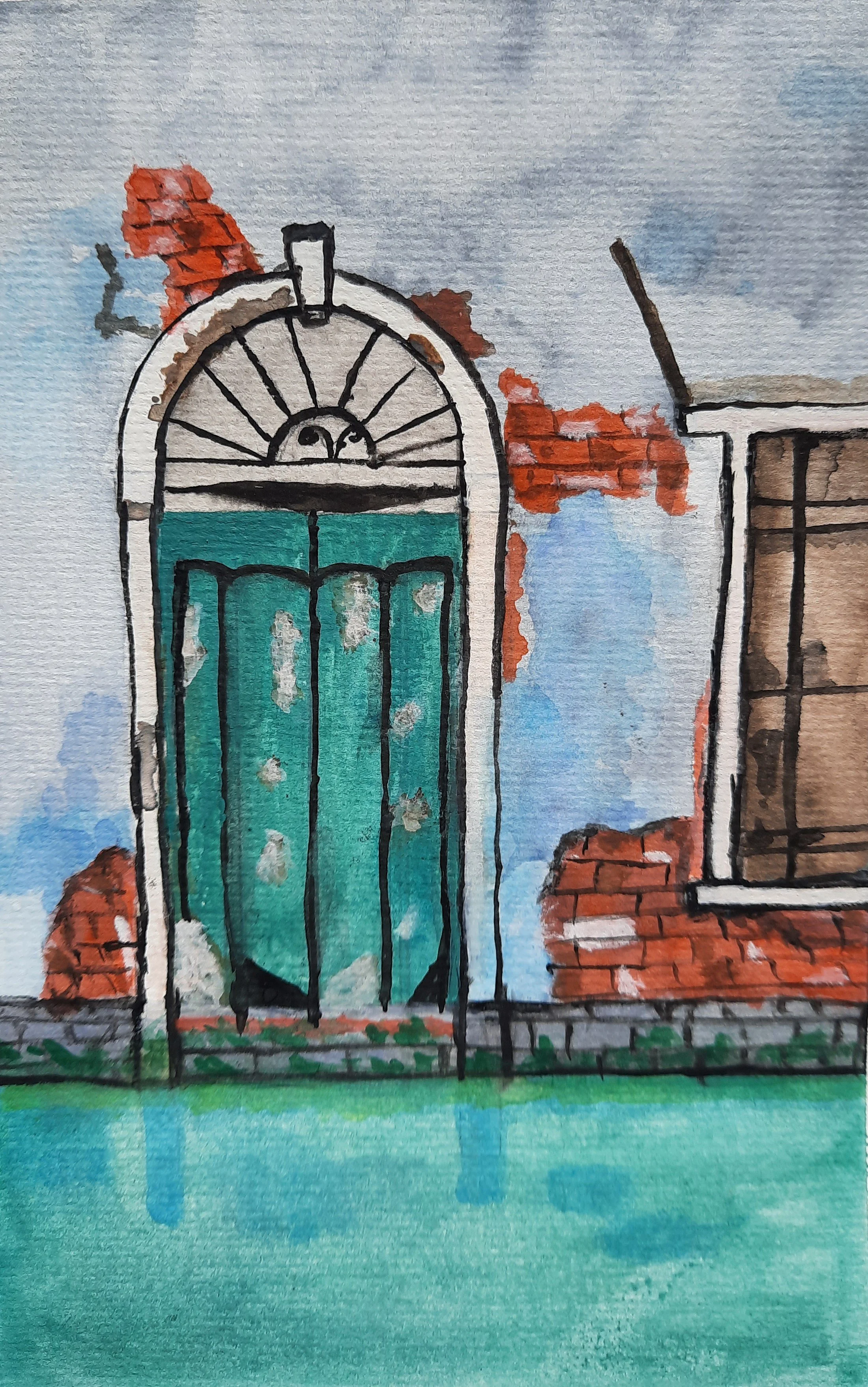 Watercolor painting of a teal-colored door with an arched top, set in a red brick wall with patches of light blue and brown, and a window on the right side.