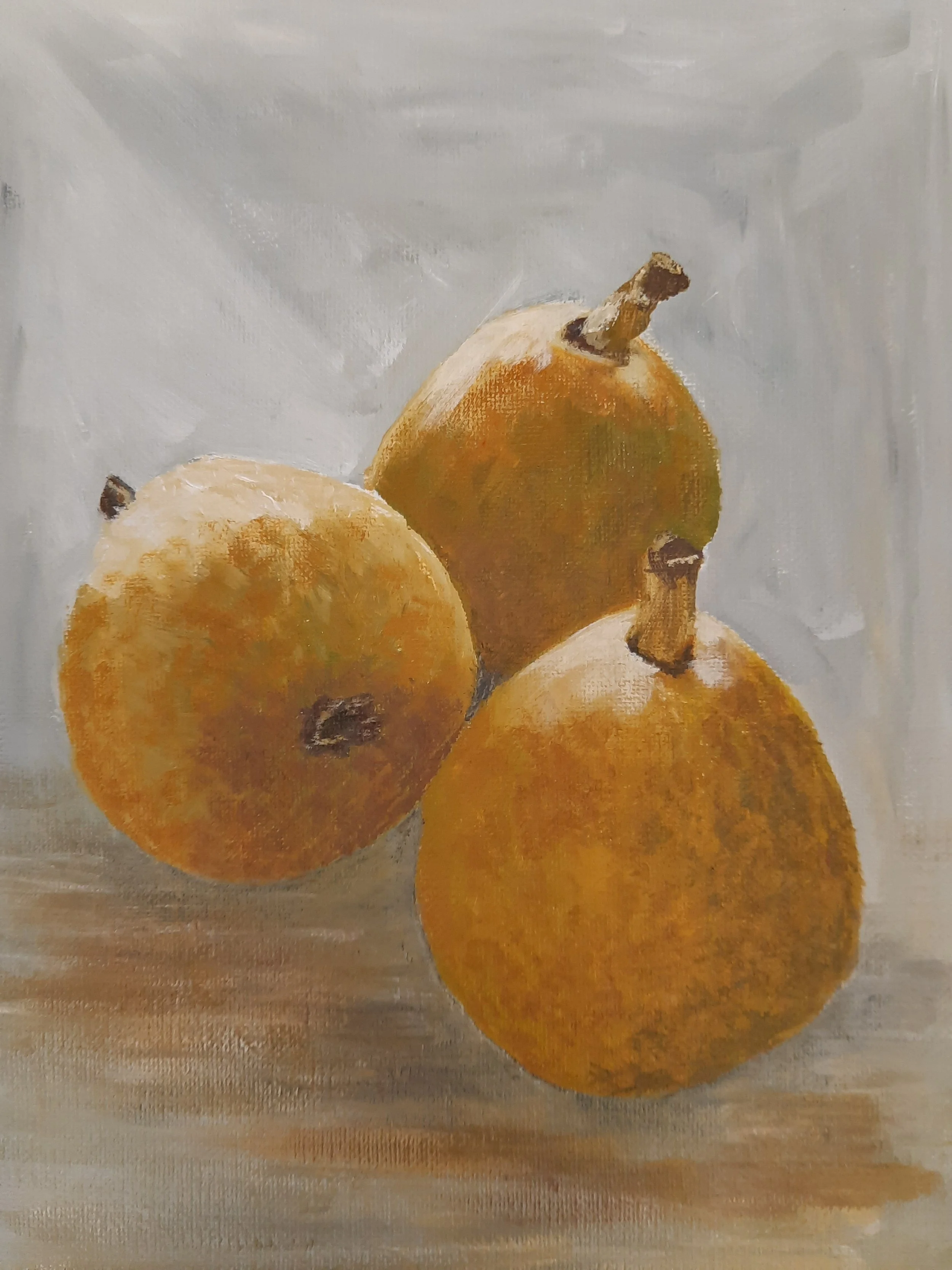 Painting of three yellow pears on a neutral background.