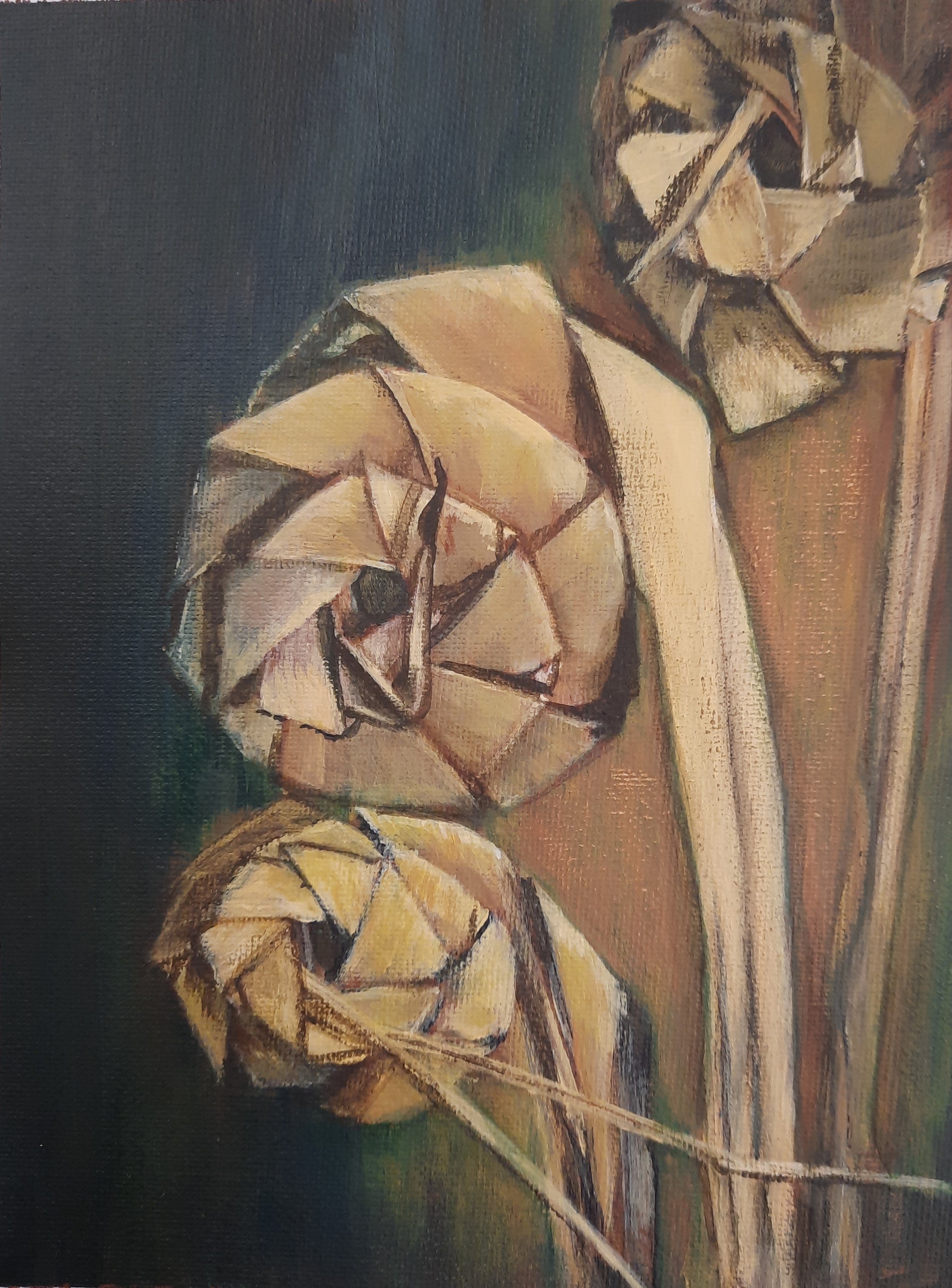 A painting of three dried seed pods or flower buds on a brown and green background.
