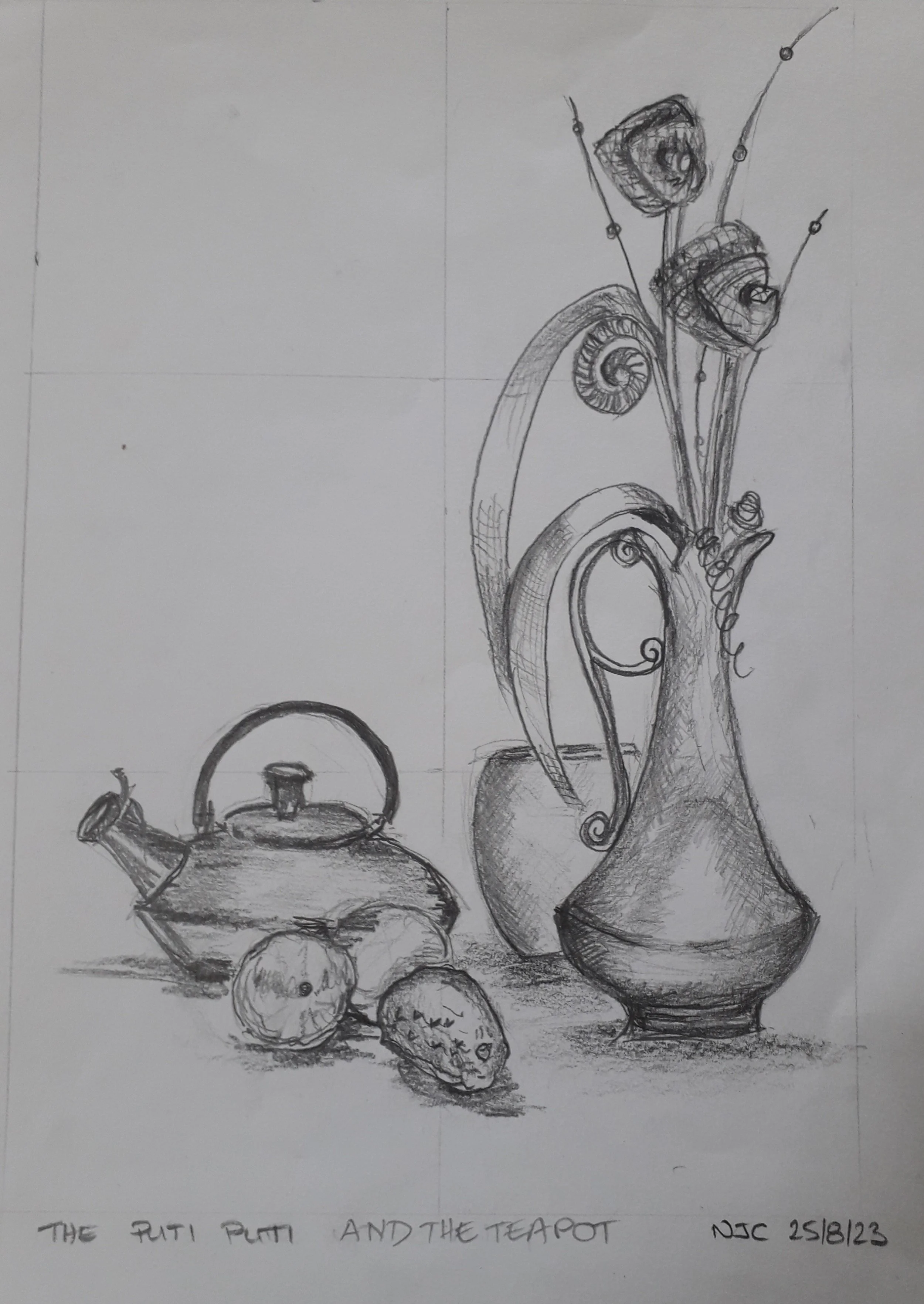 Pencil sketch of an ornate teapot, a pitcher, and a vase with flowers, along with an apple, potato, and lemon on a table. Handwritten text at bottom reads 'The Ruti Platt and the Teapot,' with a date.