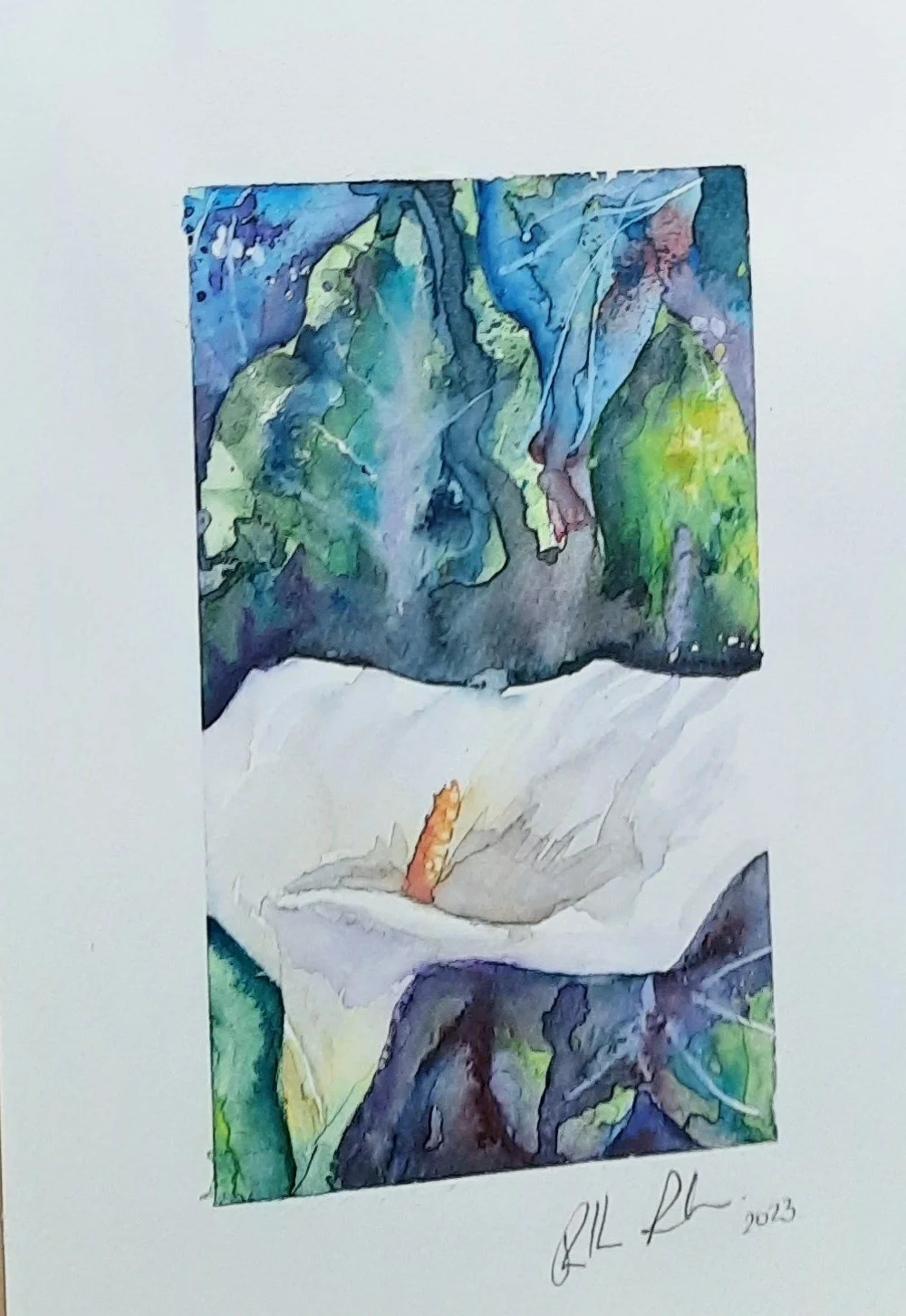 Watercolor painting of a white calla lily flower with a yellow-orange spadix, set against a colorful abstract background with shades of blue, green, and purple.