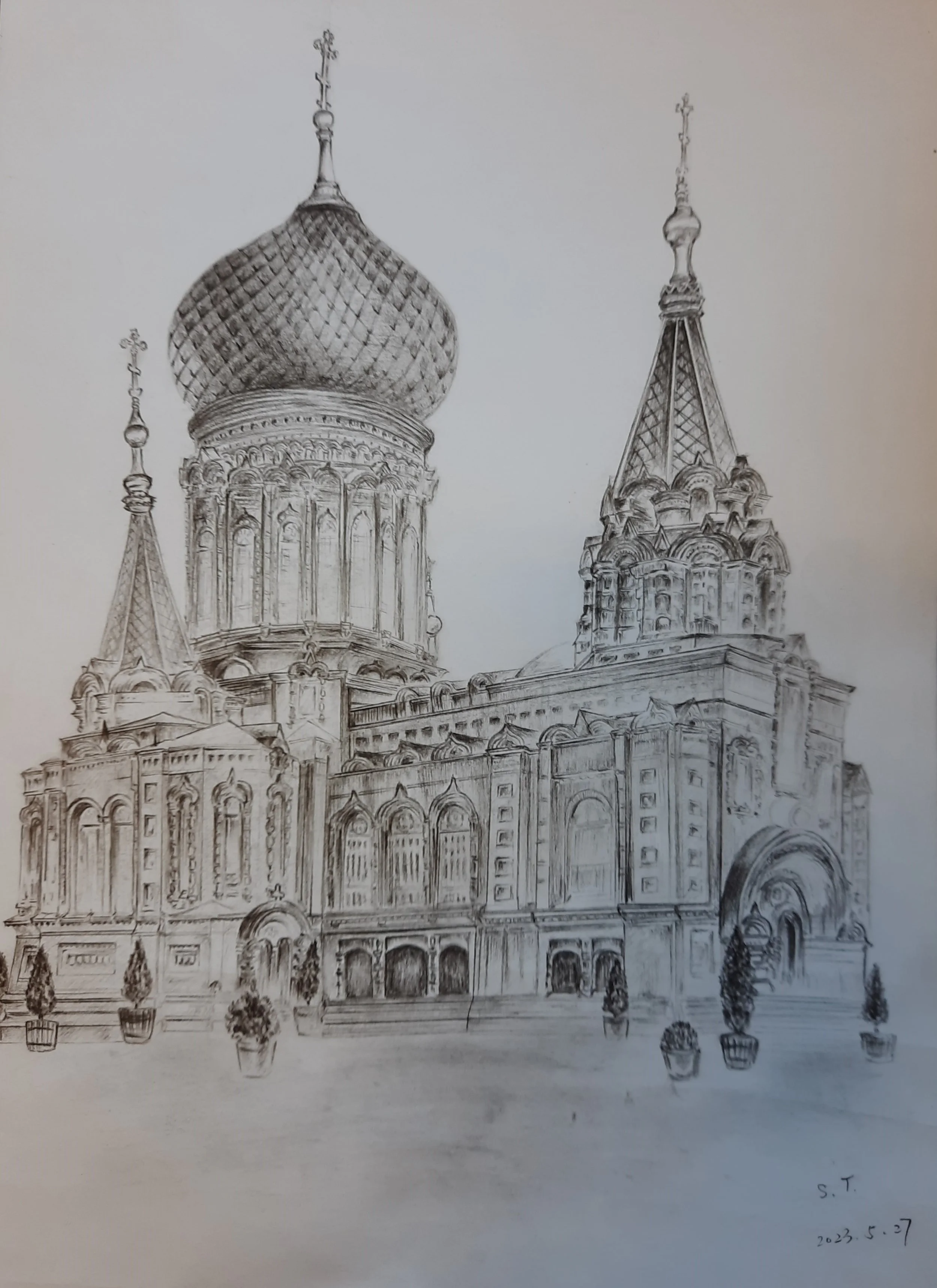 A detailed sketch of a cathedral with onion domes and ornate towers, resembling Russian Orthodox architecture.