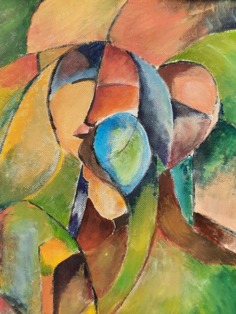 An abstract painting of a woman, using bold colors and geometric shapes to depict her face and hair.