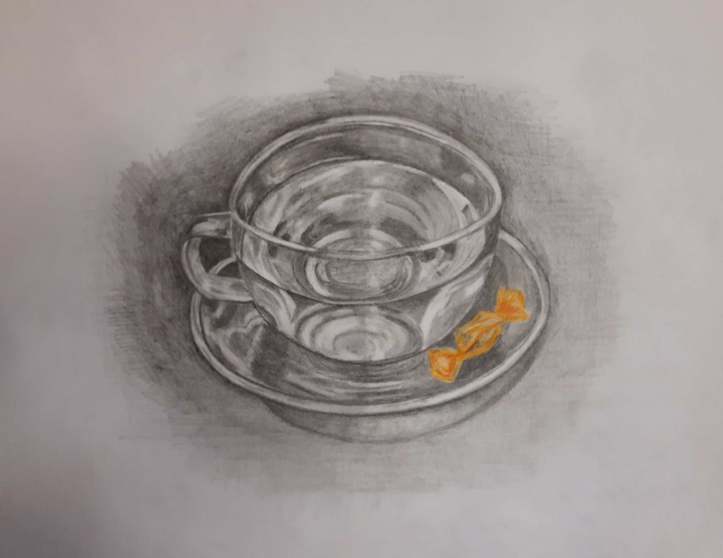 A pencil drawing of a clear glass teacup and saucer with two wrapped candies on the saucer, rendered in black and white with shading, with the candies in color.