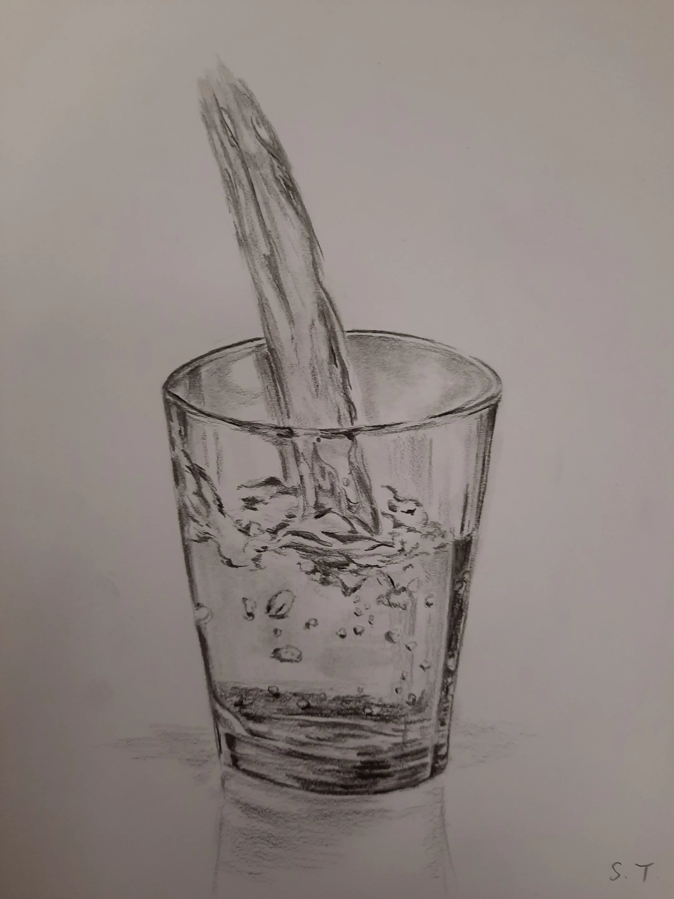 A pencil drawing of water being poured into a glass with bubbles and ripples.