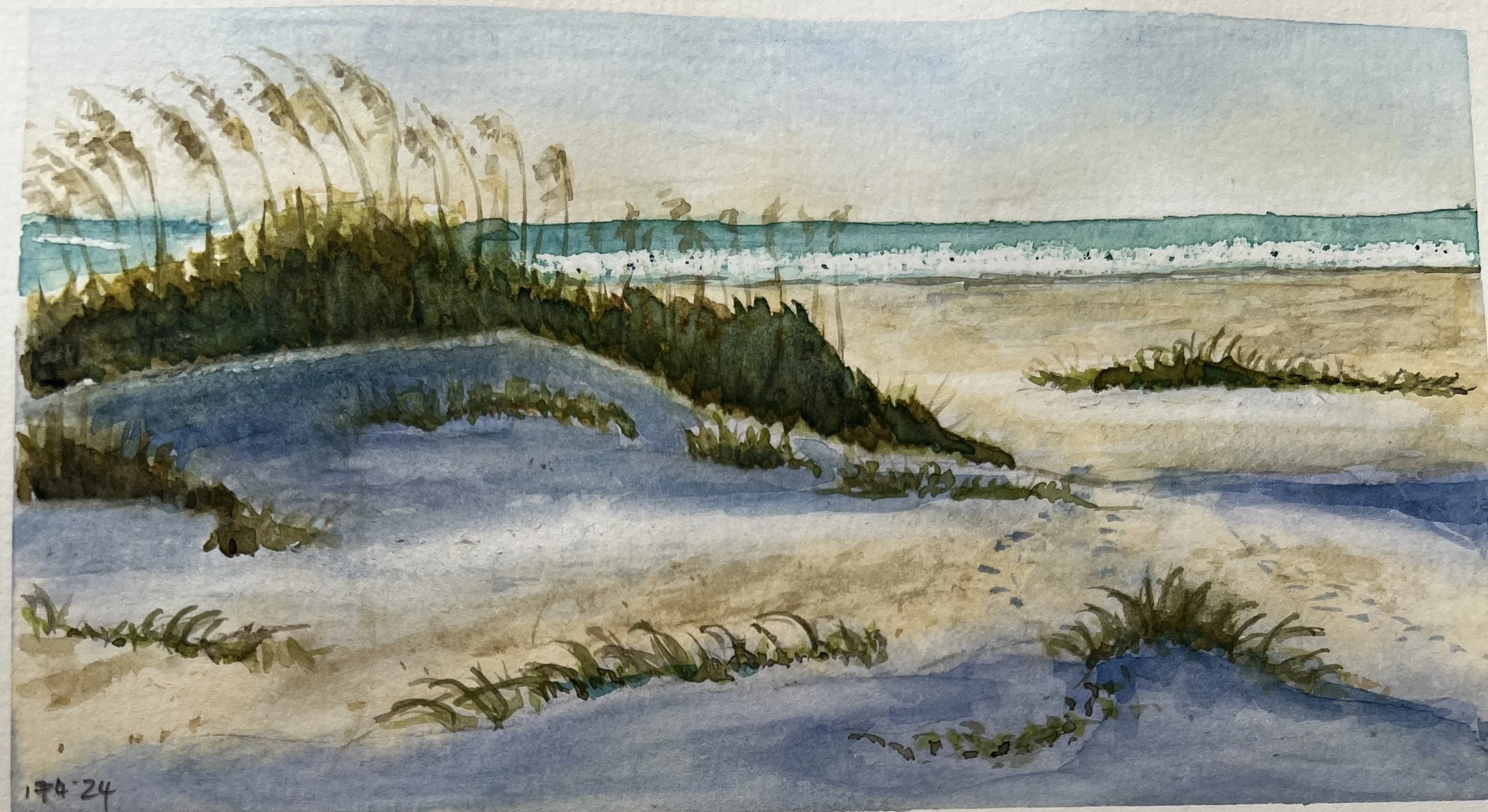 Watercolor painting of a beach scene with dunes, grass, and ocean waves in the background.