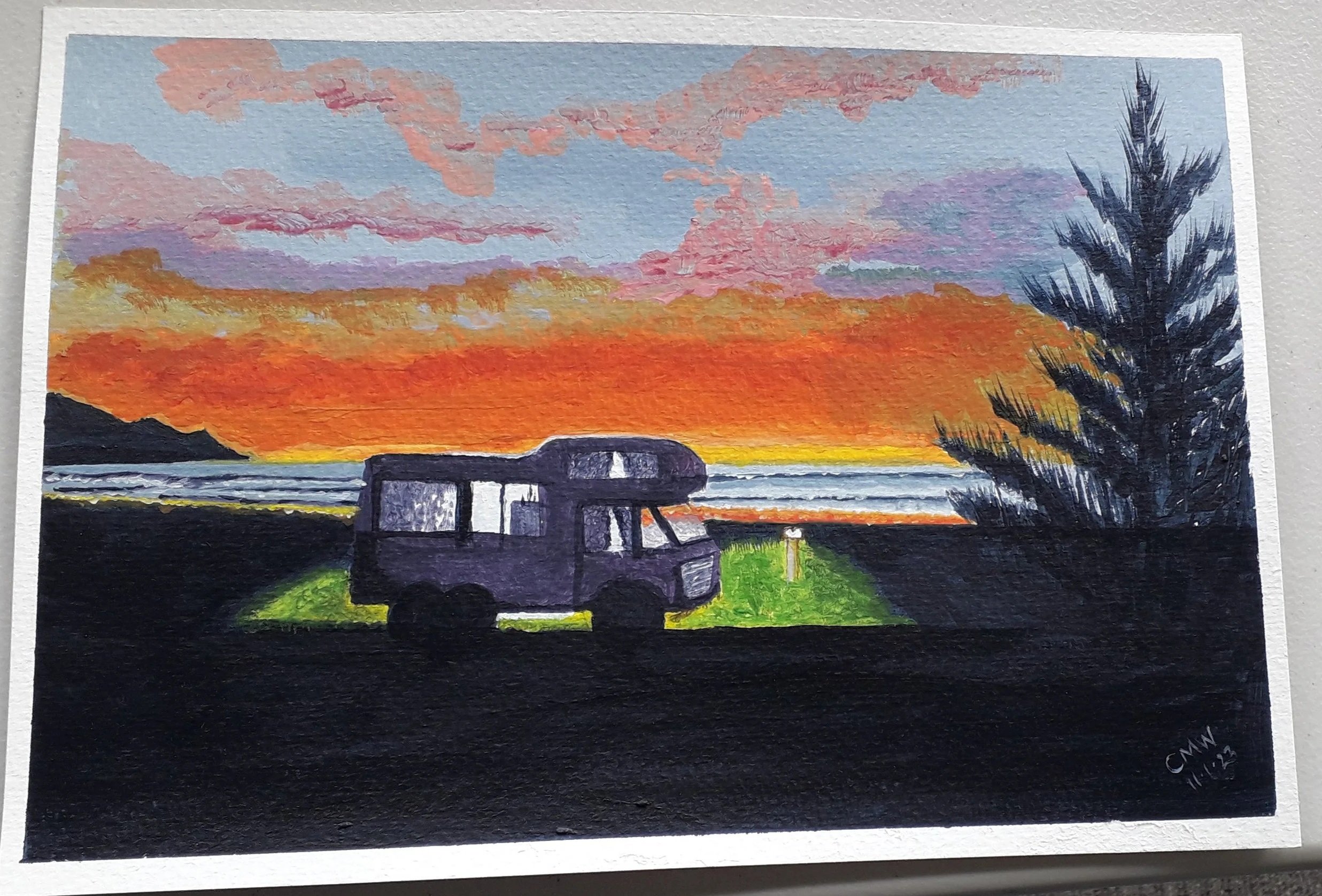 Lovely morning sky and the lights from the caravan illuminating the area around the caravan.