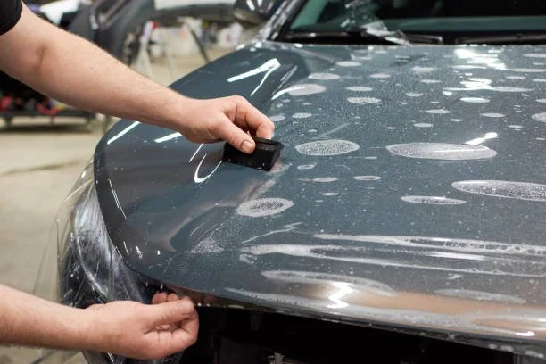 A person using a tool to repair or inspect the hood of a dark-colored car that has soap or cleaning residue on it in a garage or workshop.
