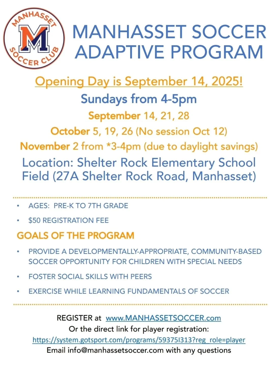 Registration for Adaptive Soccer is open! Register at manhassetsoccer.com