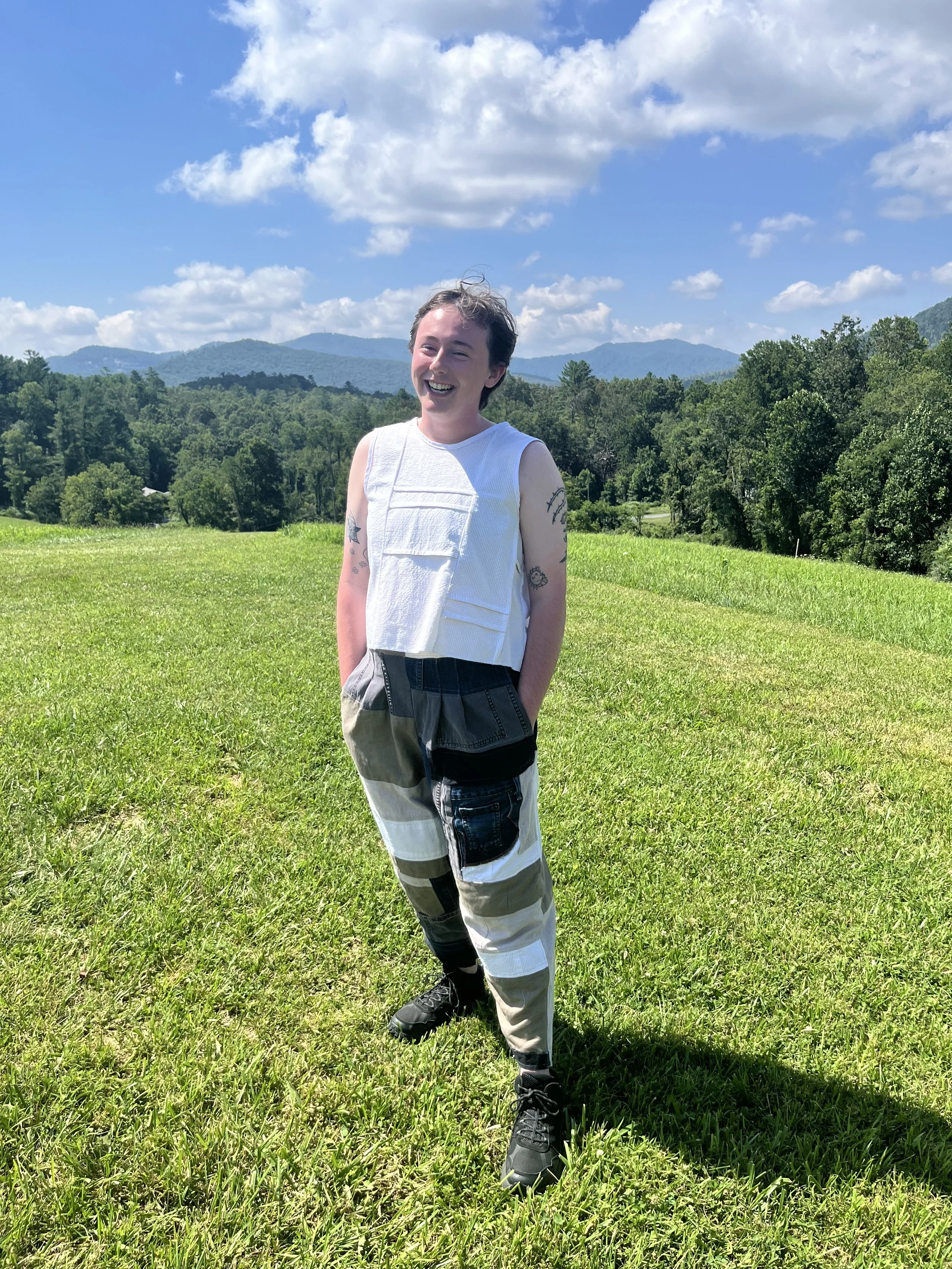 Seersucker Top and Log Cabin Pants, 2025. Reconstructed pants (seersucker, linen, denim, cotton.)