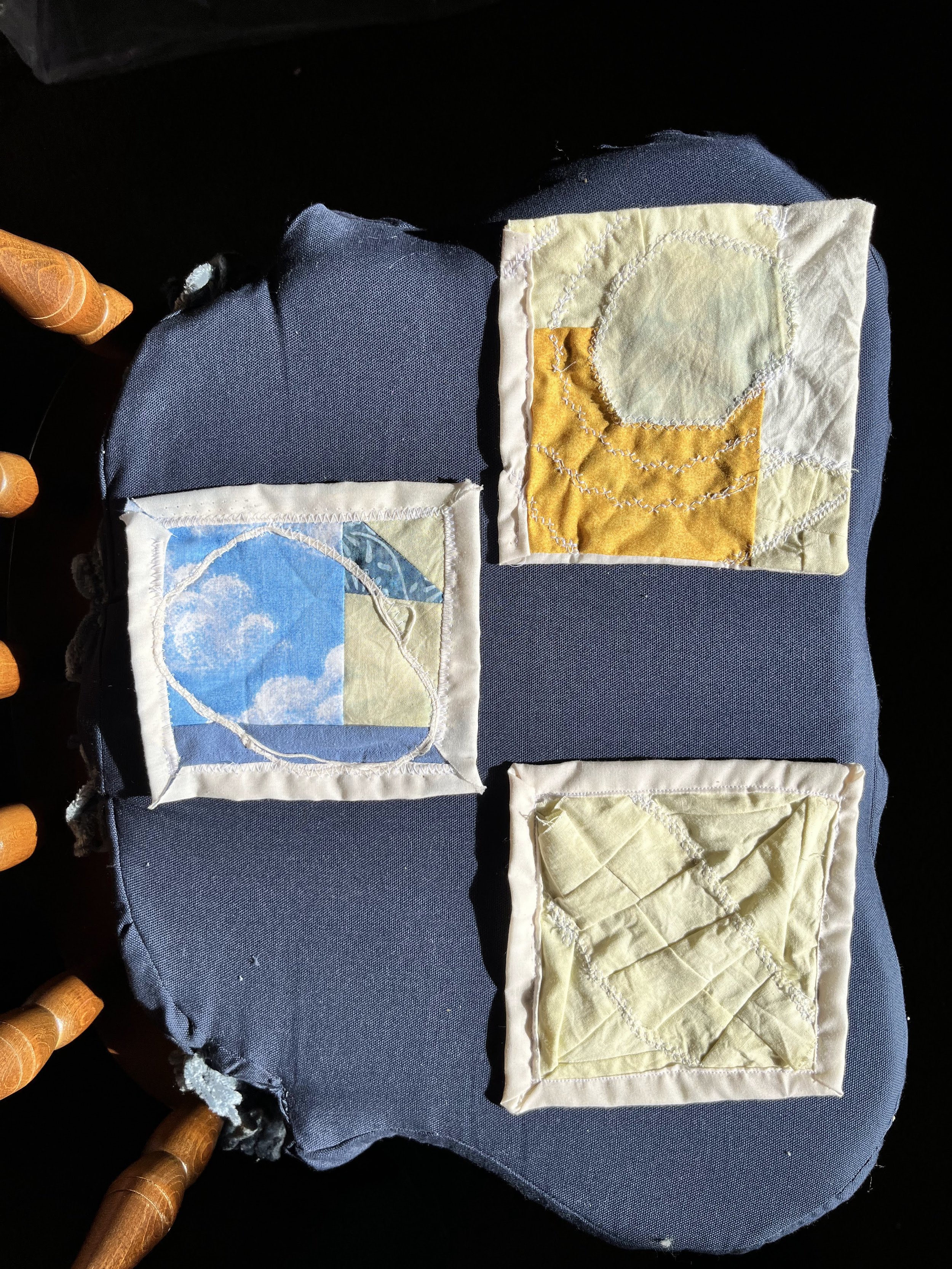 Mini quilts, 2022. Machine sewn fabric scraps. 6 x 6 in.