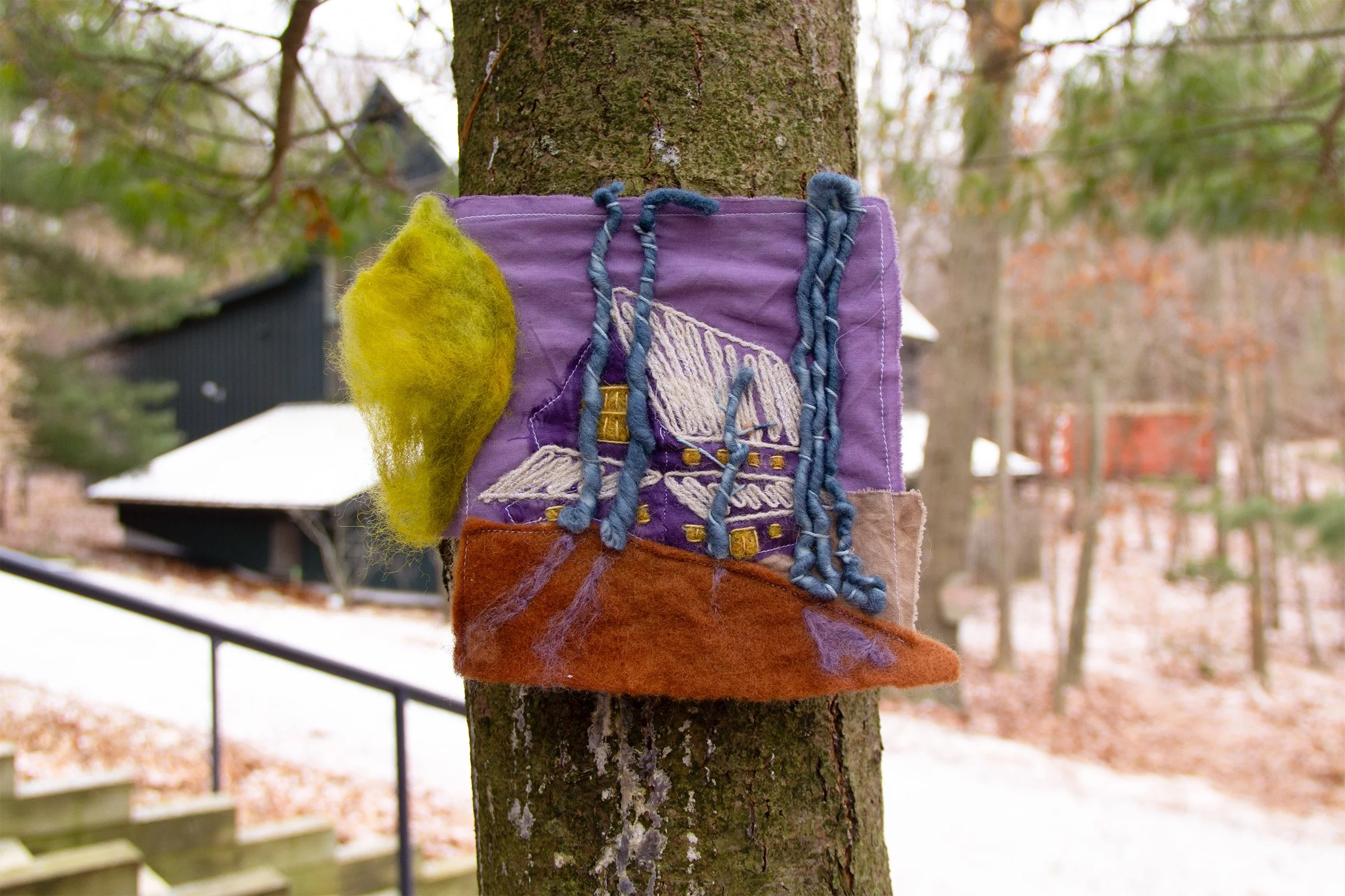 Print Studio, 2026. Cotton and wool, naturally dyed with logwood, gardenia, marigold, indigo, onion skin, and black walnut. 6 x 6 in. 