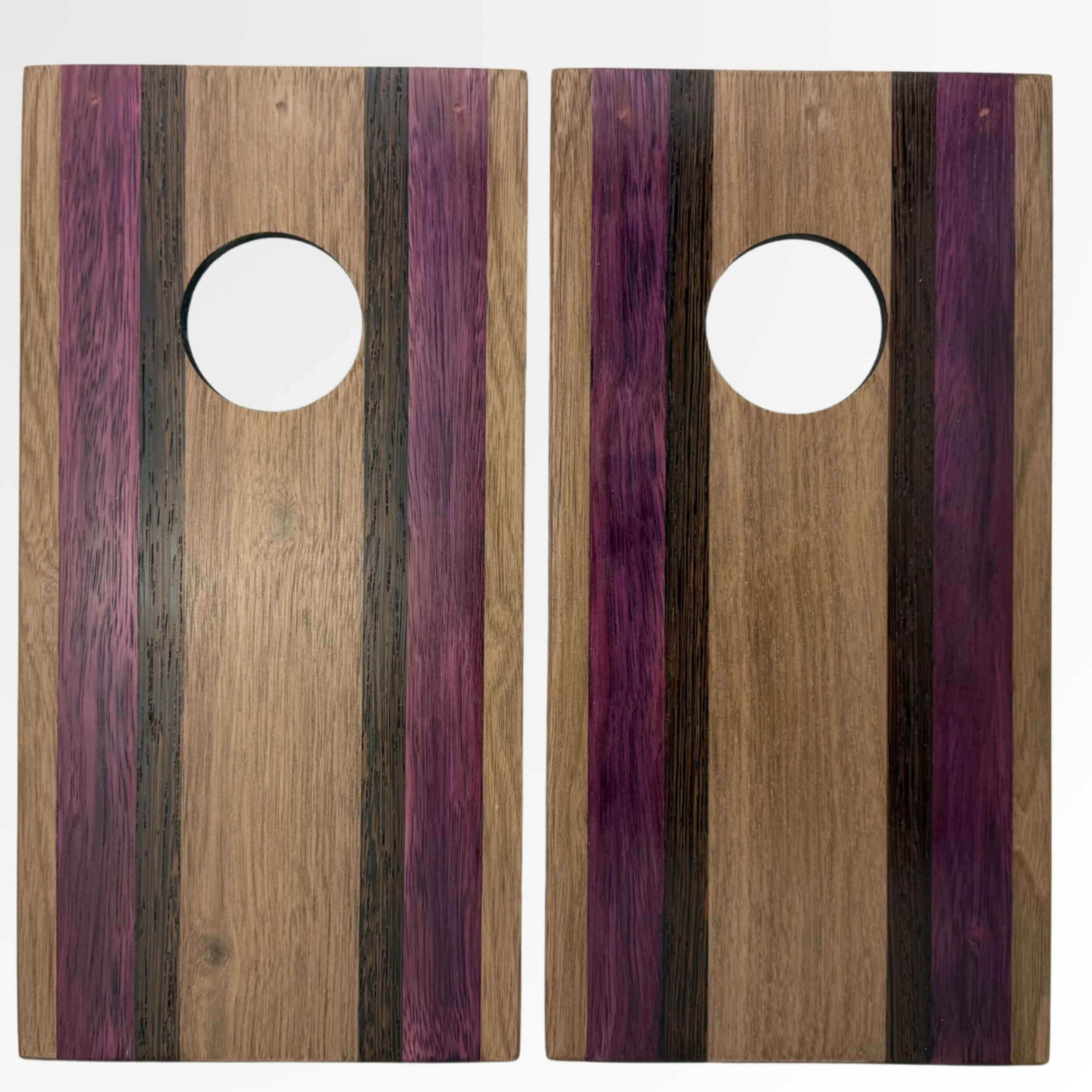 Handcrafted tabletop mini cornhole boards made from solid hardwood, zebra wood, Purple Heart, and black wenge
