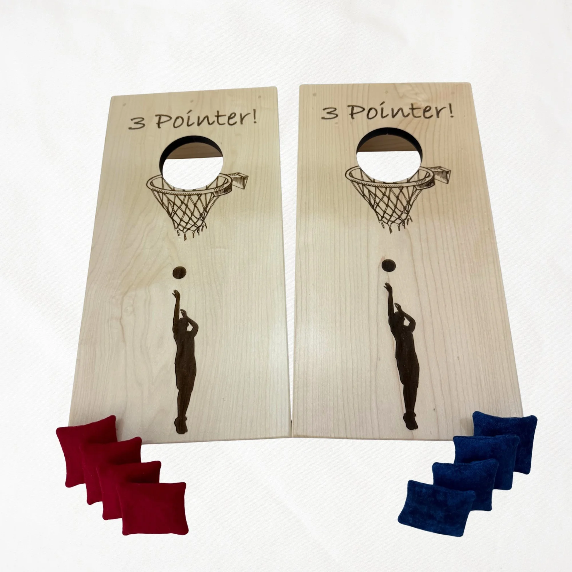 Handcrafted tabletop mini cornhole boards made from solid hardwood, maple wood, engraved with basketball