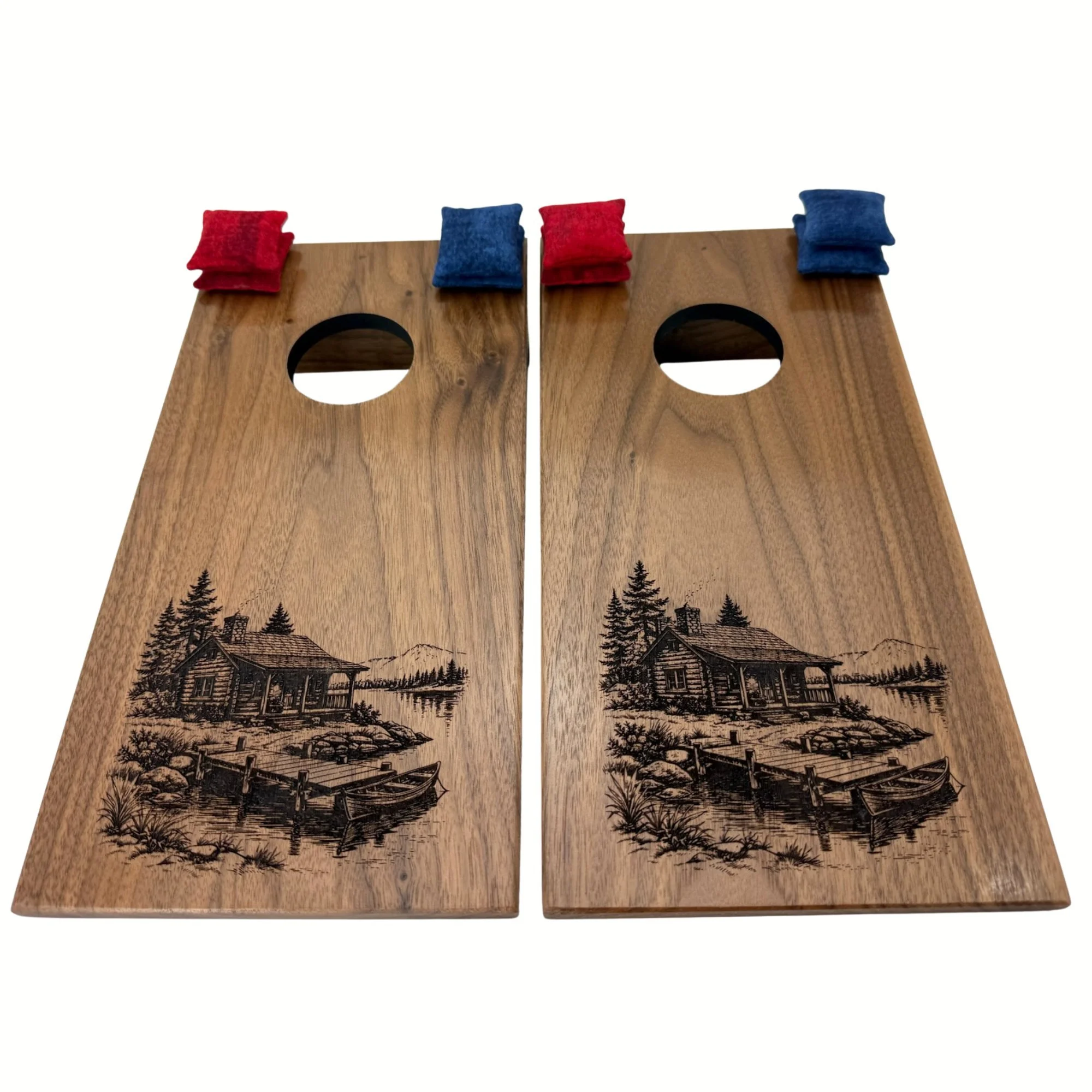 Handcrafted tabletop mini cornhole boards made from solid hardwood, walnut wood, and engraved with a cabin