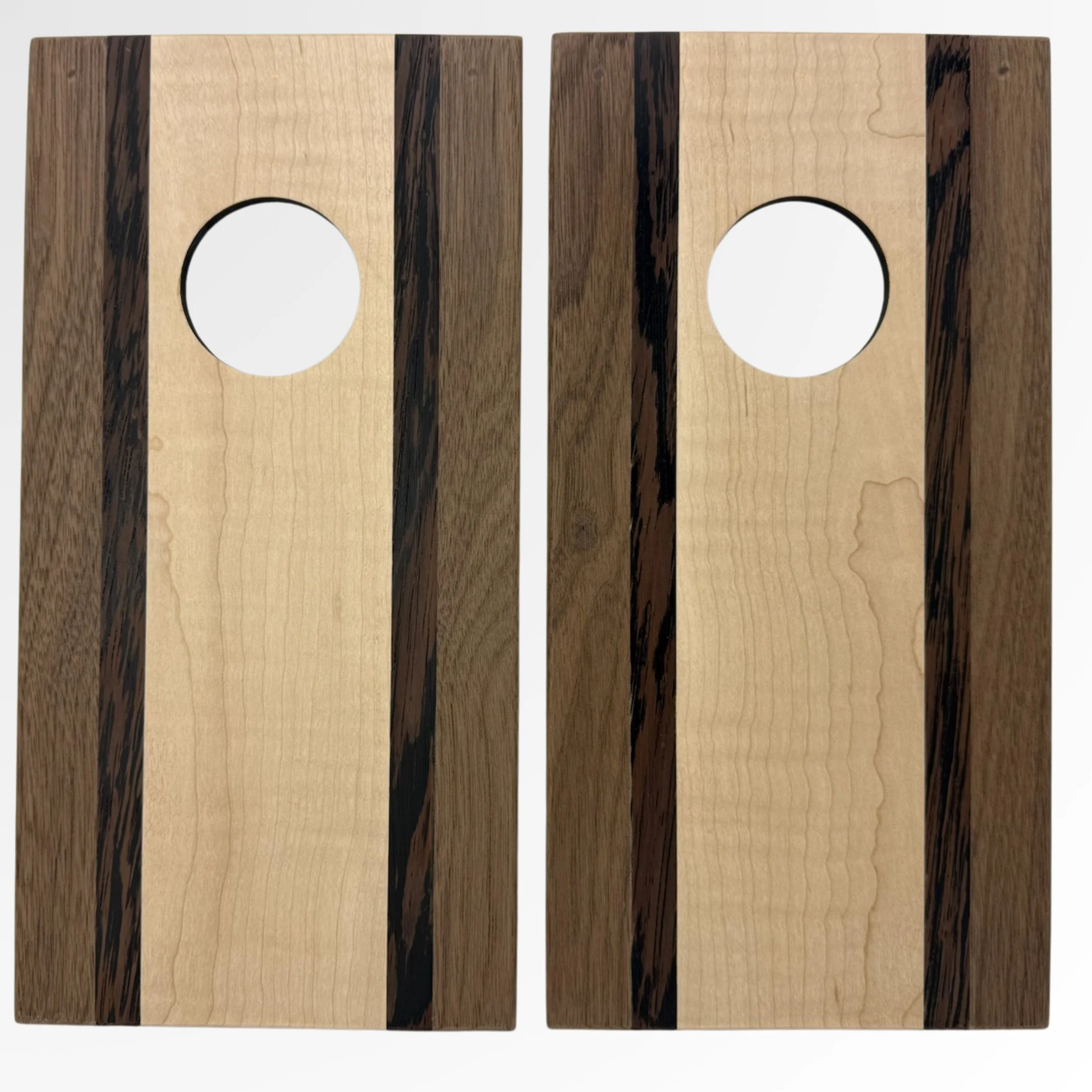 Handcrafted tabletop mini cornhole boards made from solid hardwood,  curly maple center with walnut and wenge border