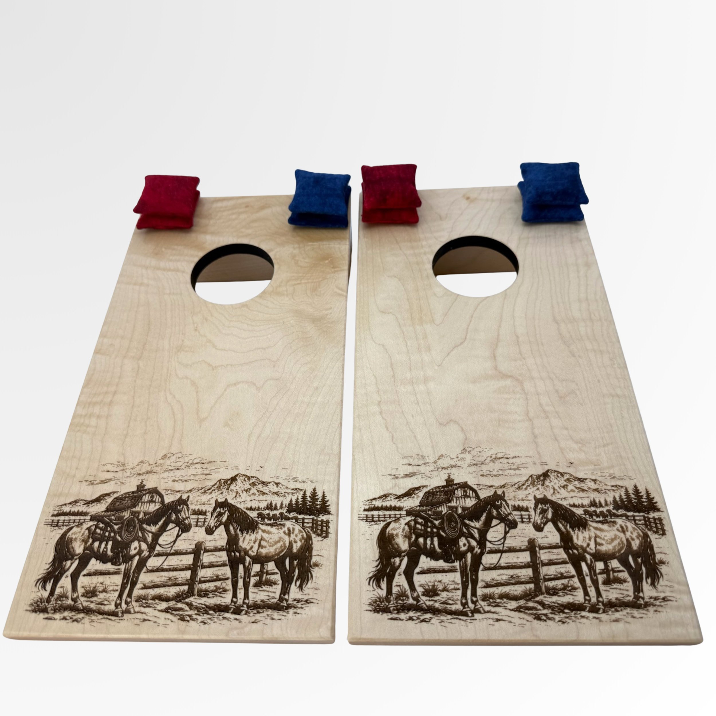 Handcrafted tabletop mini cornhole boards made from solid hardwood, maple wood engraved with ranch scene