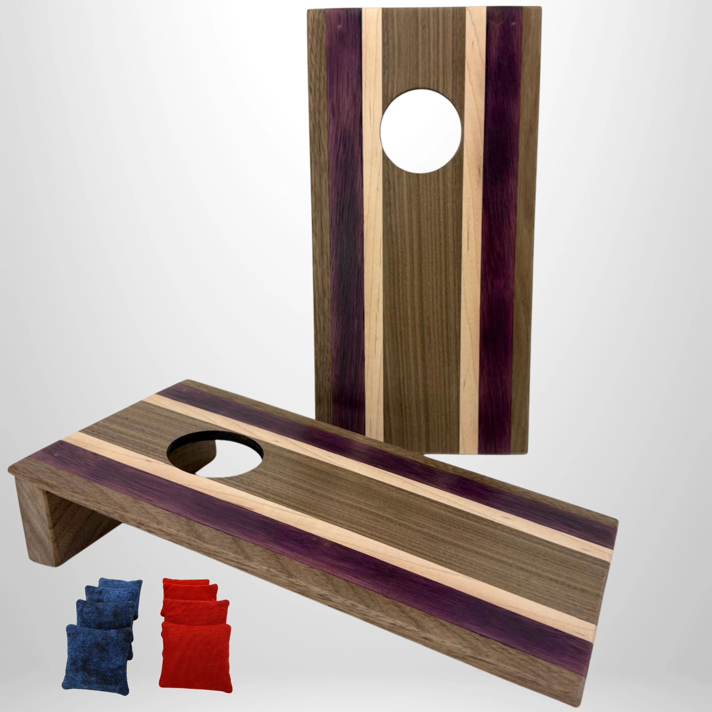 Handcrafted tabletop mini cornhole boards made from solid hardwood, walnut, maple, purpleheart