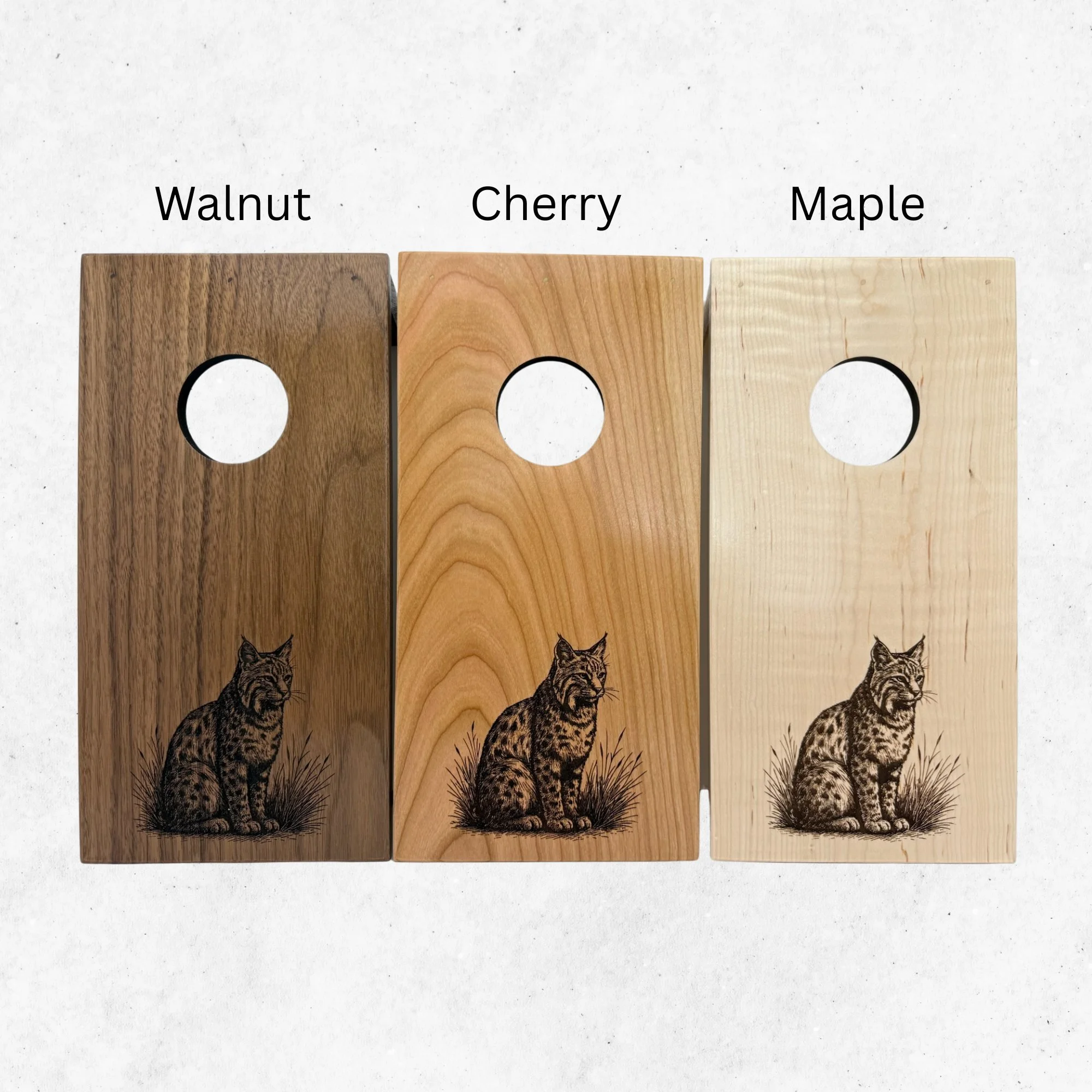 Wood variants for grizzly & bobcat engraving. Maple, Cherry, Walnut