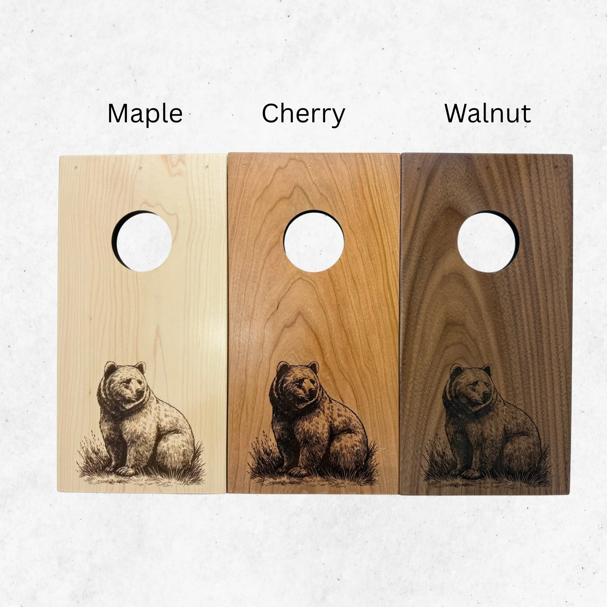 Wood variants for grizzly & bobcat engraving. Maple, Cherry, Walnut