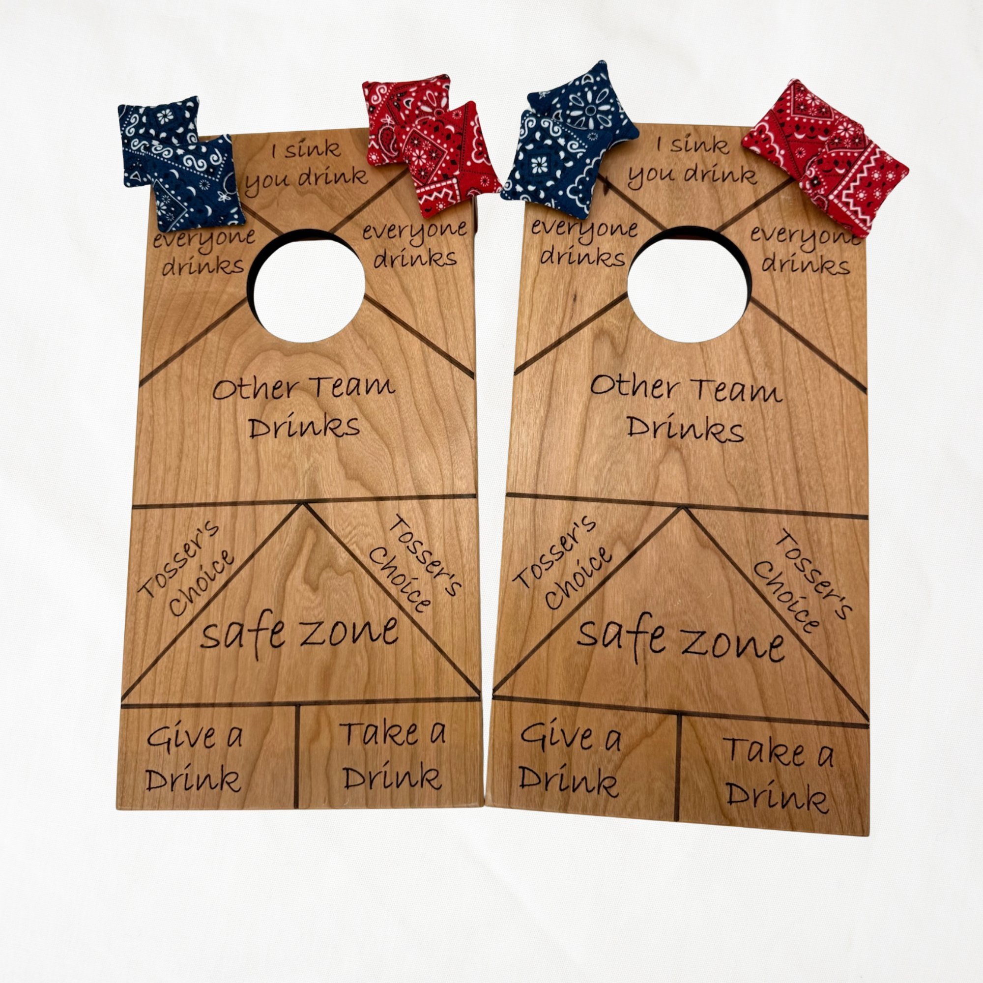 Handcrafted tabletop mini cornhole boards made from solid hardwood, cherry wood, engraved with a drinking game