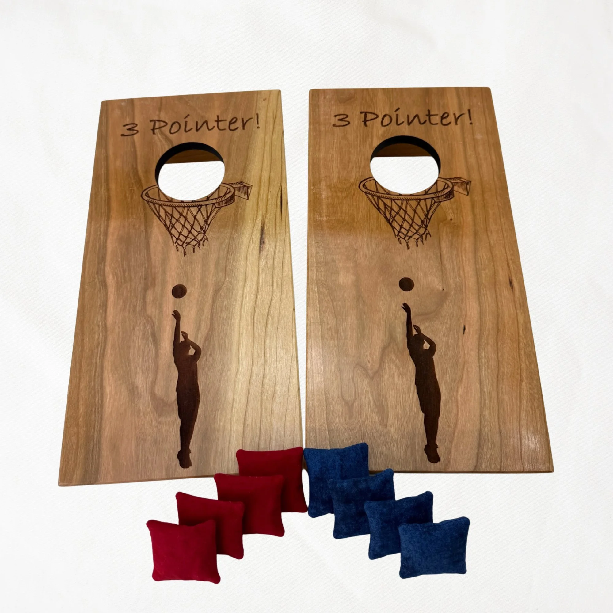 Handcrafted tabletop mini cornhole boards made from solid hardwood, cherry wood, engraved with basketball