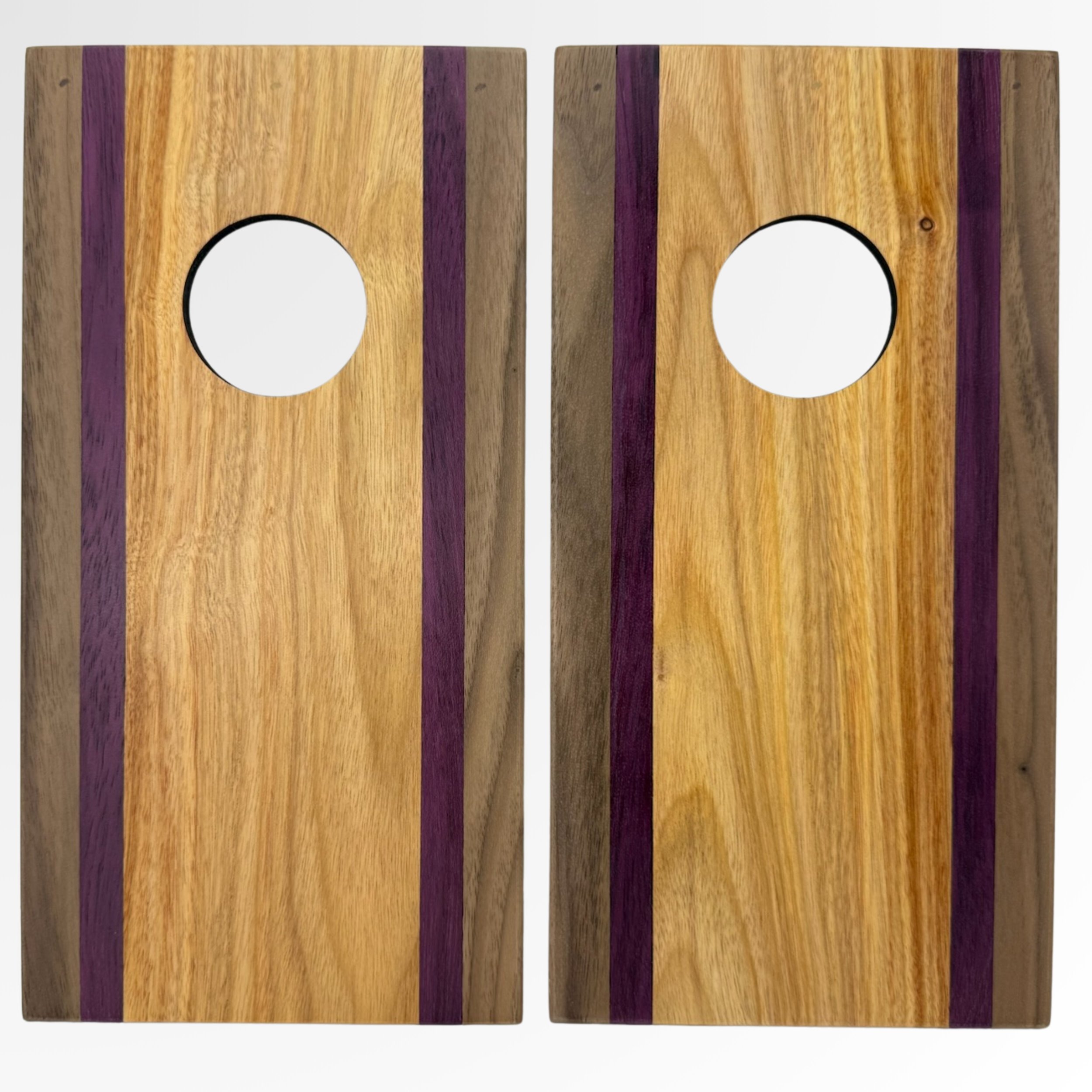 Handcrafted tabletop mini cornhole boards made from solid hardwood, walnut, purple heart, canary