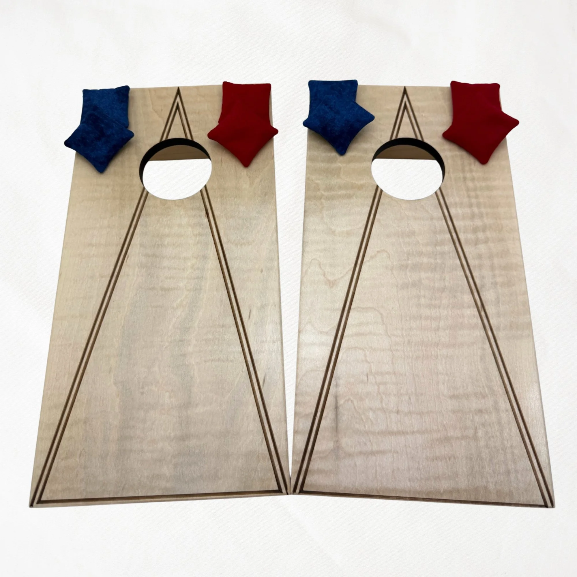 Handcrafted tabletop mini cornhole boards made from solid hardwood, maple wood, engraved with a triangle