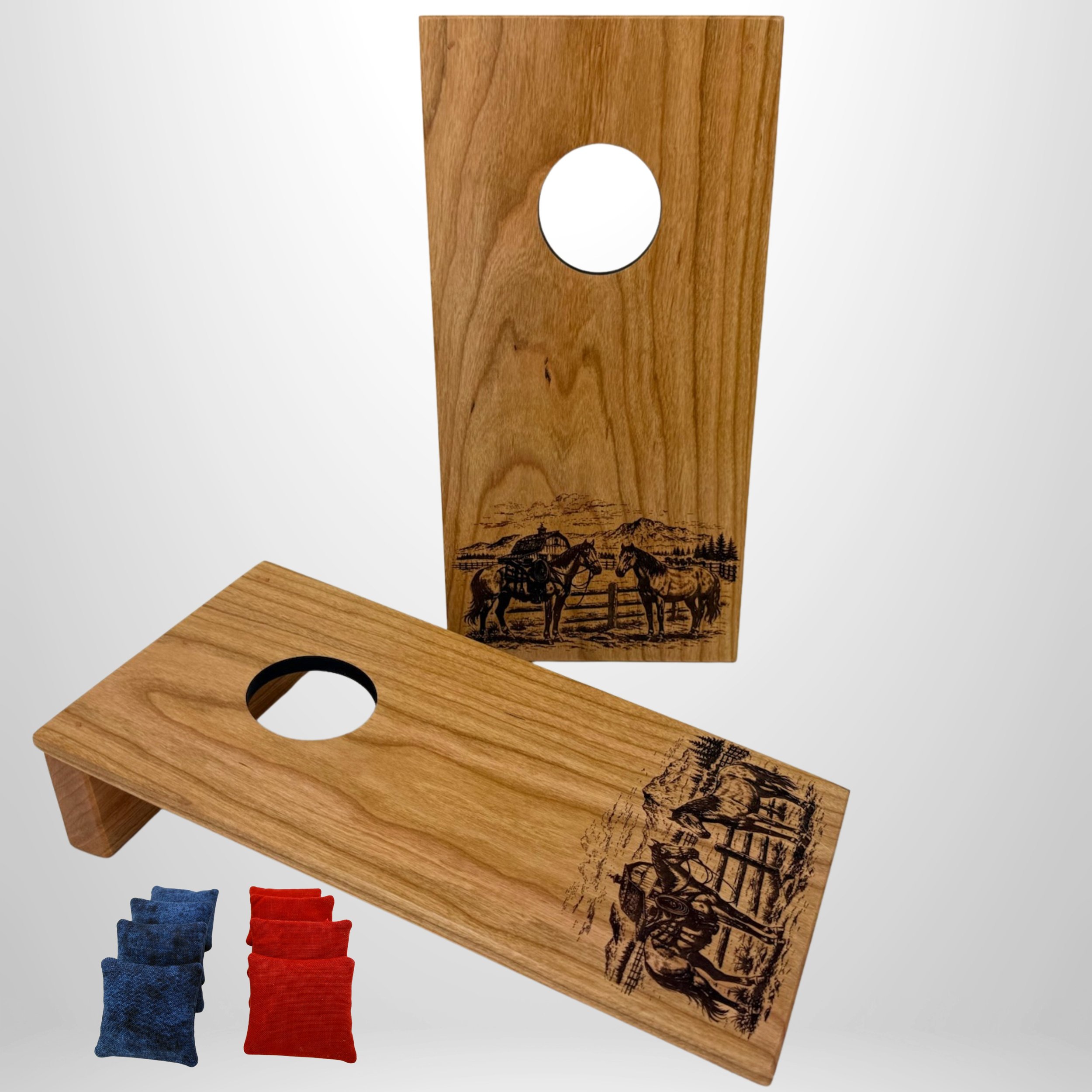 Handcrafted tabletop mini cornhole boards made from solid hardwood, cherry wood engraved with ranch scene